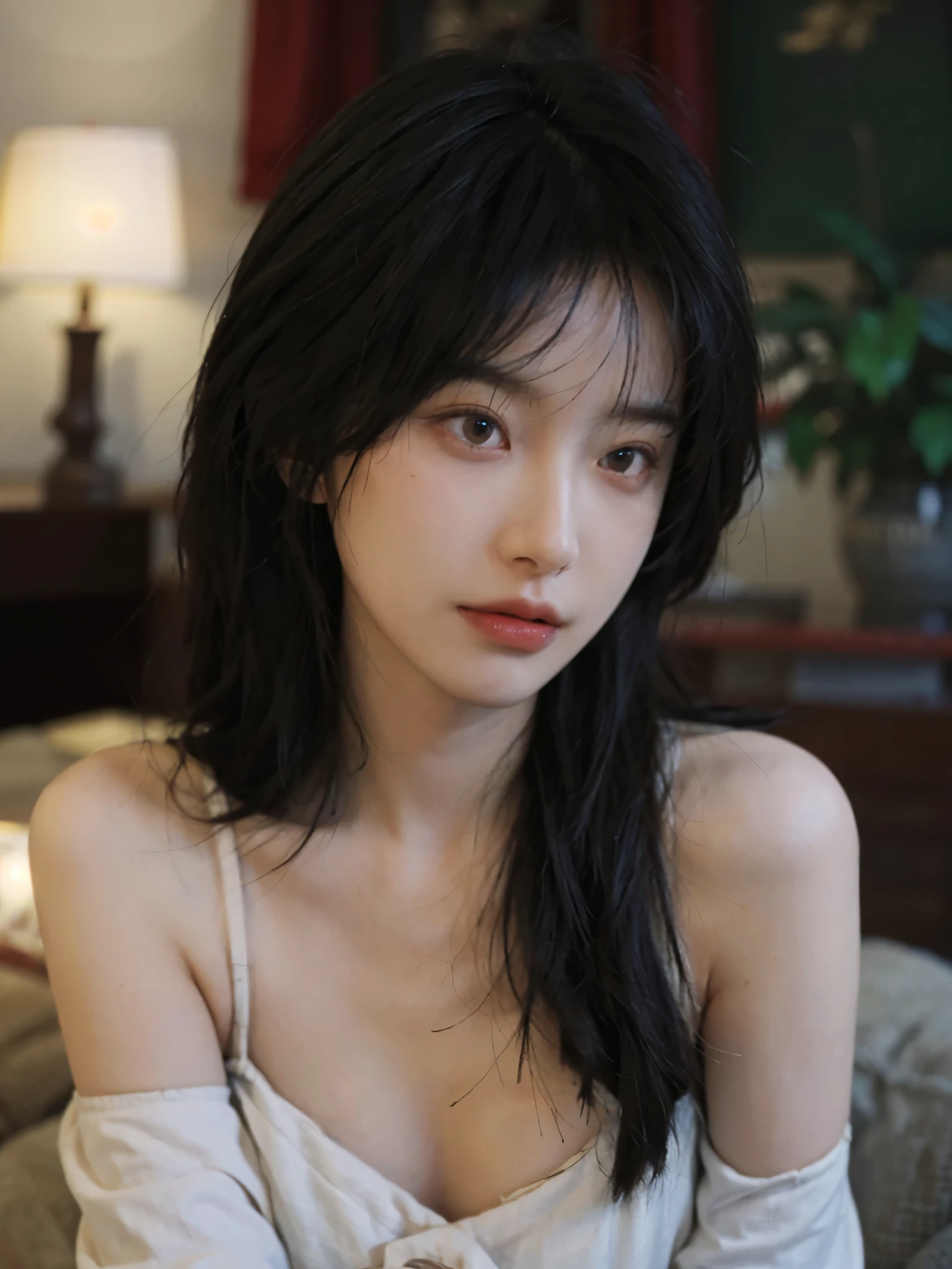 Film portrait photography, 1 girl, bare shoulders,lipstick,(flat chest:1.4), Shoulder length wavy hair, serene, calm, (Realistic and detailed eyes, natural skin texture, Realistic facial details), Soft dramatic lighting, depth of field, Bokeh, Vibrant details, detailed meticulous, hyper-realistic, 35mm film, hazy, Royal sister,