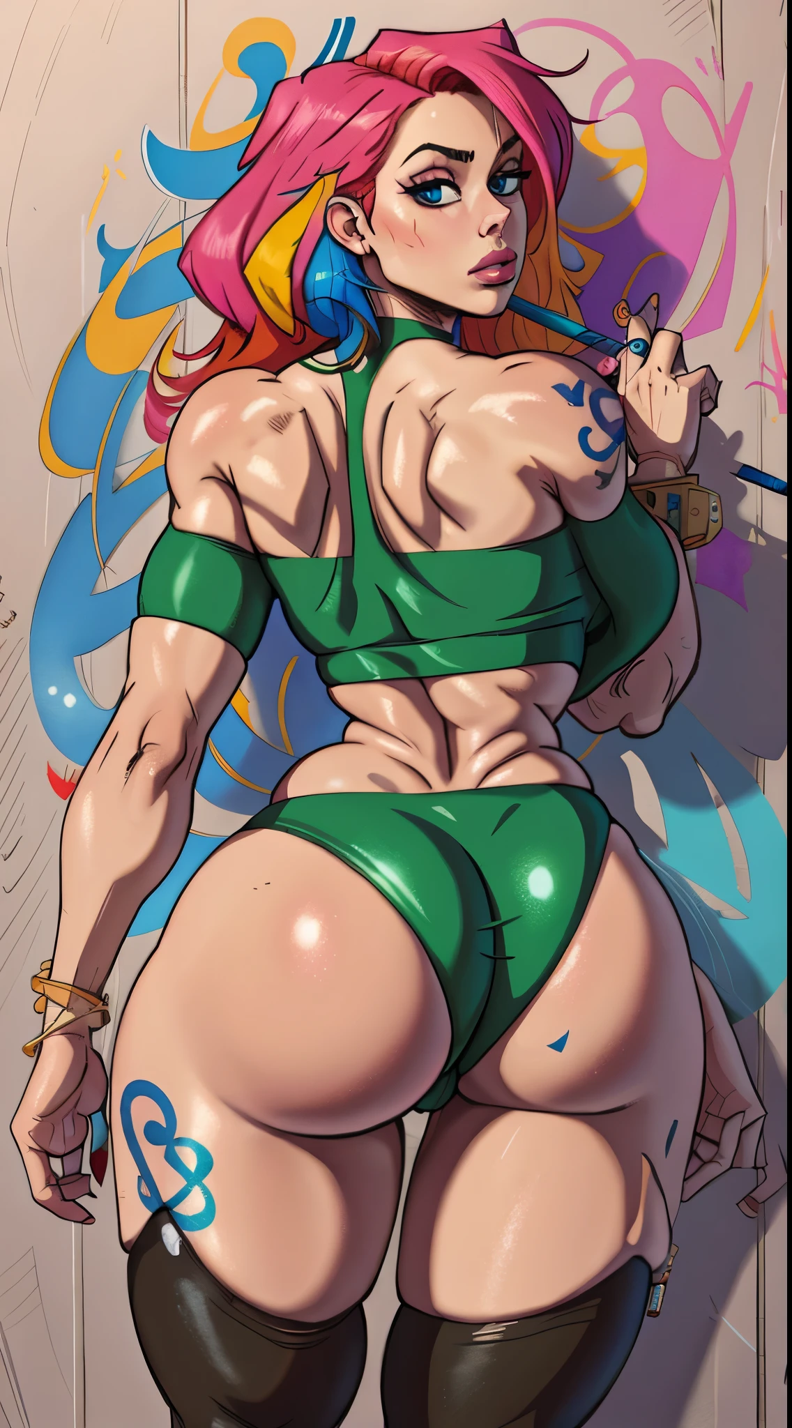 masterpiece, best quality, 25 years old beautiful woman, long hair, (mature face:1.4), 1woman, solo, crop top, gym leggings, choker, (from behind:1.4), plumb ass, thick thighs, thin waist, (graffiti:1.5), paint splatter, arms behind back, against wall, looking at viewer, armband, thigh strap, paint on body, head tilt, bored, multicolored hair (pink, blue), aqua eyes, headset