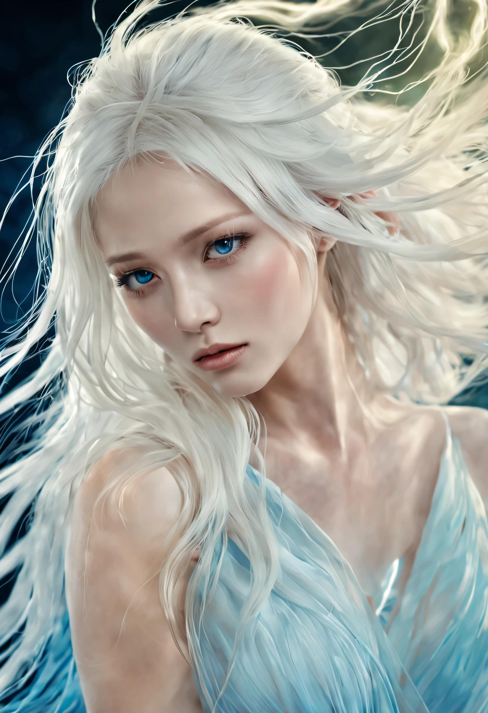 由thunder、thunder、The composition of elements such as electricity，Created a（Translucent appearance：1.3），Her form is almost invisible，A soft glow emanates from her soft silhouette，The surrounding environment is subtly distorted by her ethereal presence，Creates a fantastic atmosphere，（white hair：0.1），（（blue eyes）），（（glow））