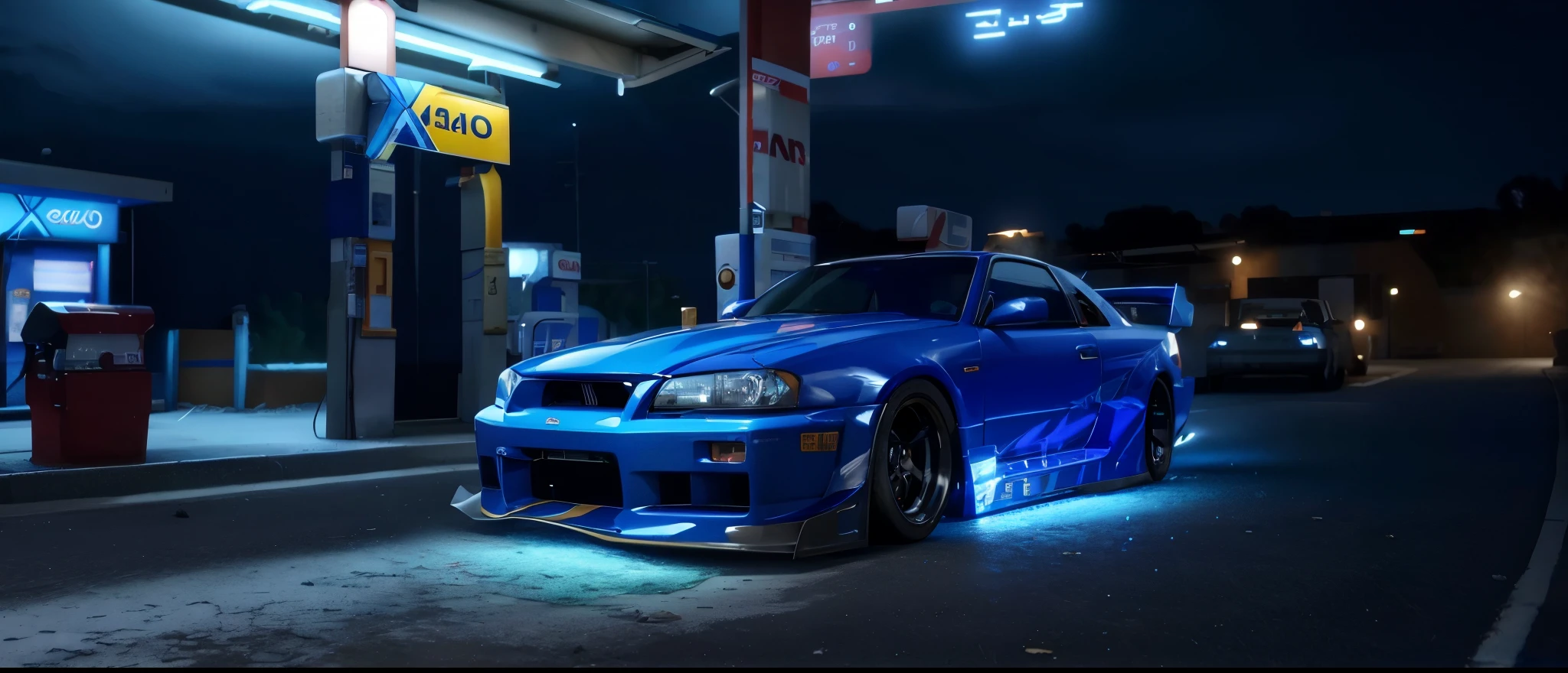 arafed car with blue lights parked in front of a gas station, in a modified nissan skyline r34, nissan gtr r 3 4, cobbled together nissan r34 gtr, 8k octane rendered, kodakchrome : : 8 k, 8 k octane comprehensive render, 8 k octane detailed render, high detail!!! 8 k