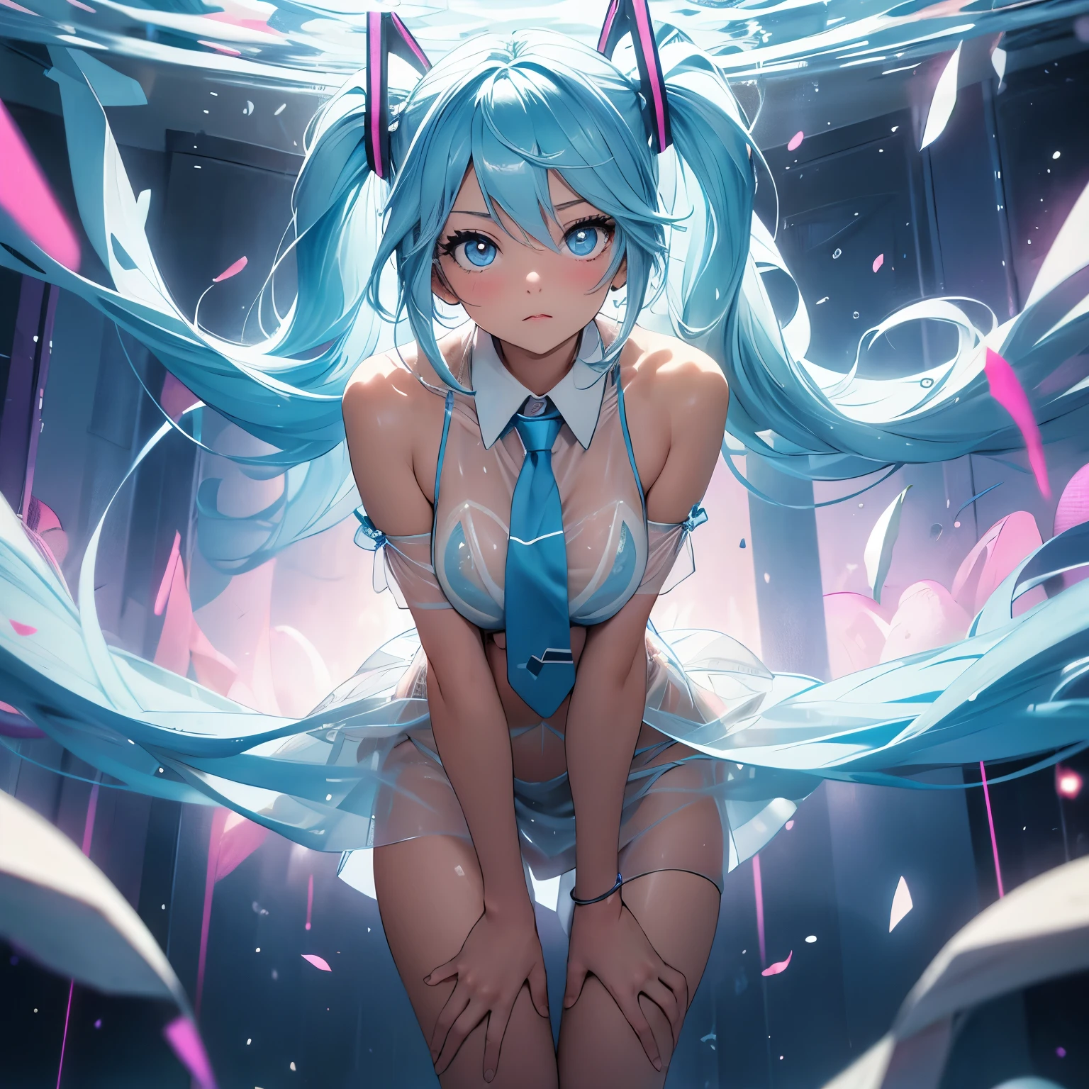 (quality)), ((masterpiece)), Recommended resultsluffly、(see through:1.5)、whole body 、Swollen nipples,straighten your back、huge bust、angle to floor:1.2、low camera angle、Hair loss on crotch、Whole body facing the camera,Hair can be seen on the crotch,Hatsune Miku, Fluorescent milky white,Blue-pink pupils,Blue and White Clothes,Super nice looking, Very sweet and lovely face,Light of faith,blue tie