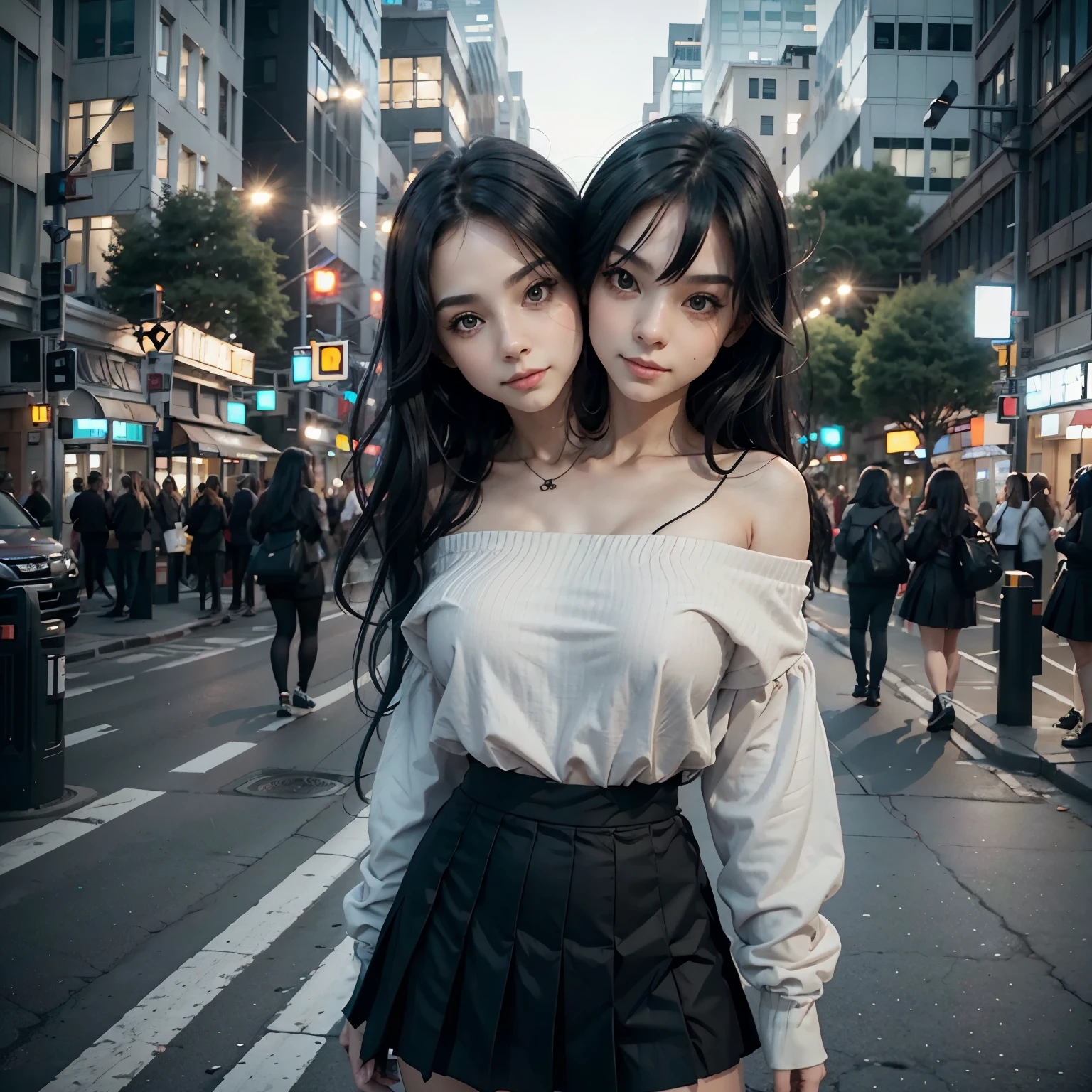 1girl, black_skirt, blue_hair, building, city, cityscape, hair_between_eyes, jacket, looking_at_viewer, medium_hair, multicolored_hair, multiple_boys, night, off_shoulder, outdoors, pleated_skirt, road, shirt, skirt, skyscraper, smile, solo_focus, street, white_shirt, (two heads)