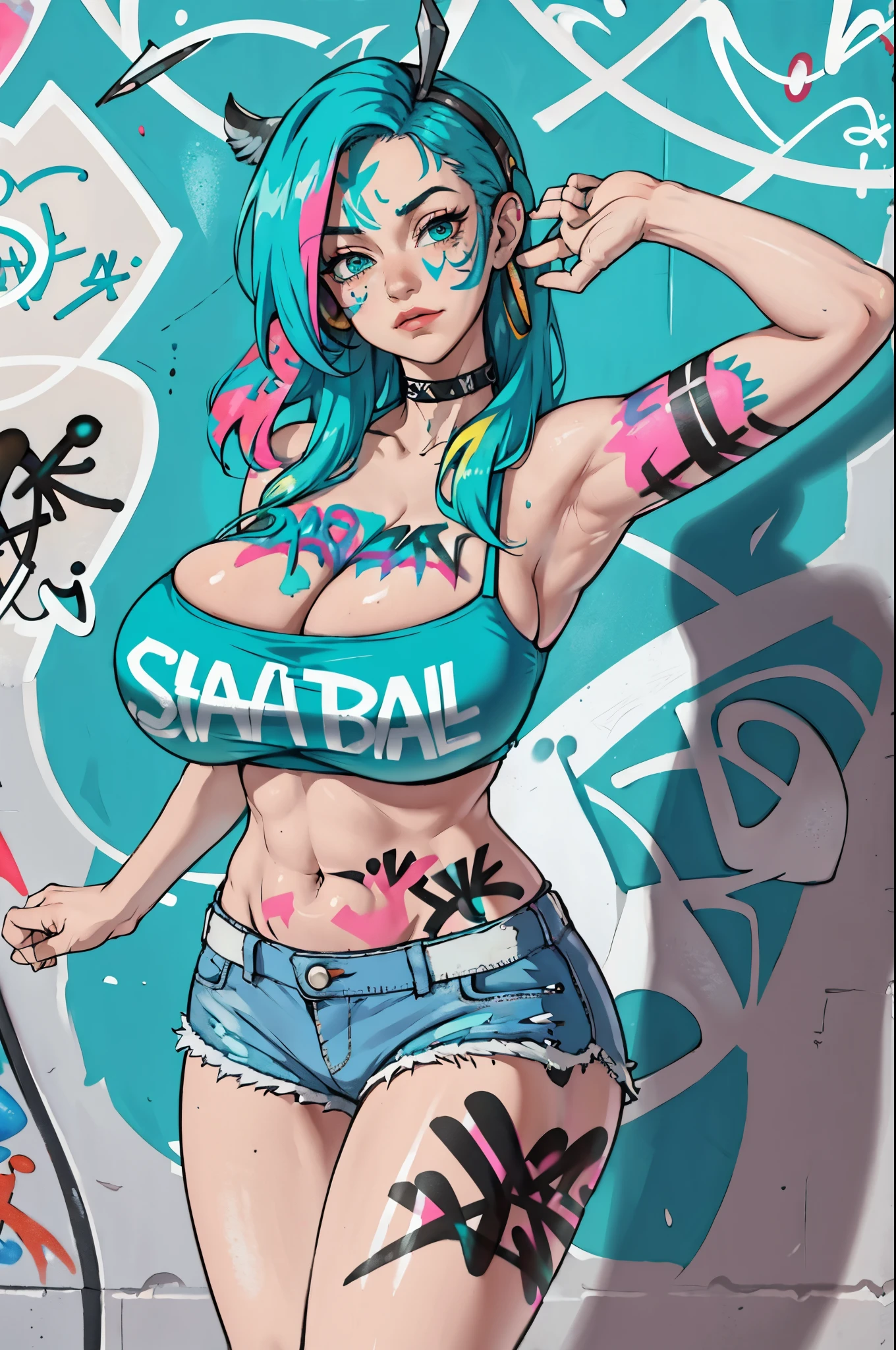 masterpiece, best quality, 1girl, solo, crop top, ((colossal cleavage:1.3)), denim shorts, choker, (graffiti:1.5), paint splatter, arms behind back, against wall, looking at viewer, armband, thigh strap, paint on body, head tilt, bored, multicolored hair, aqua eyes, headset, peepshow, nipslip
