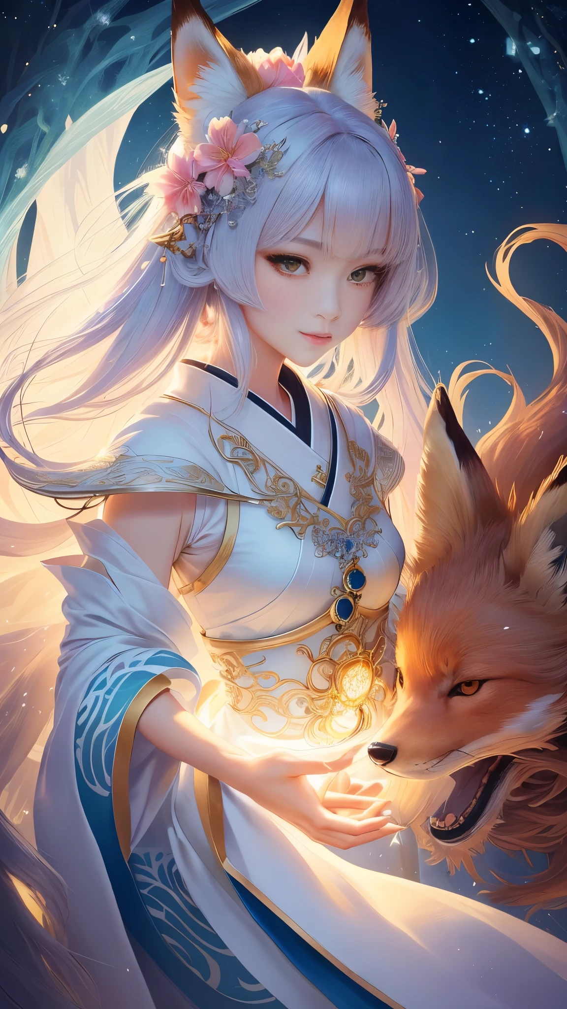 masterpiece , best quality, Close-up, masterpiece, Beautiful short hair,20th generation,Beautiful style,beautiful details, colorful, delicate details, delicate lips, intricate details, genuine, ultrargenuineista, 枝に座っている色とりどりの髪のFoxを持つ女の子:cute, light makeup, ,色とりどりのFox, raposa de nine tails, 三尾Fox, 三尾Fox, onmyoji detailed art, beautiful fine art illustration, mythical creatures, Fox, beautiful digital art,shrine maiden,japanese architecture,hold hands,exquisite digital illustration, mizutsune, Inspired by mythical wild web creatures, pixiv in digital art, shining light, high contrast, Mysterious,枝に座っている色とりどりの髪のFoxを持つ女の子,front,looking at the camera