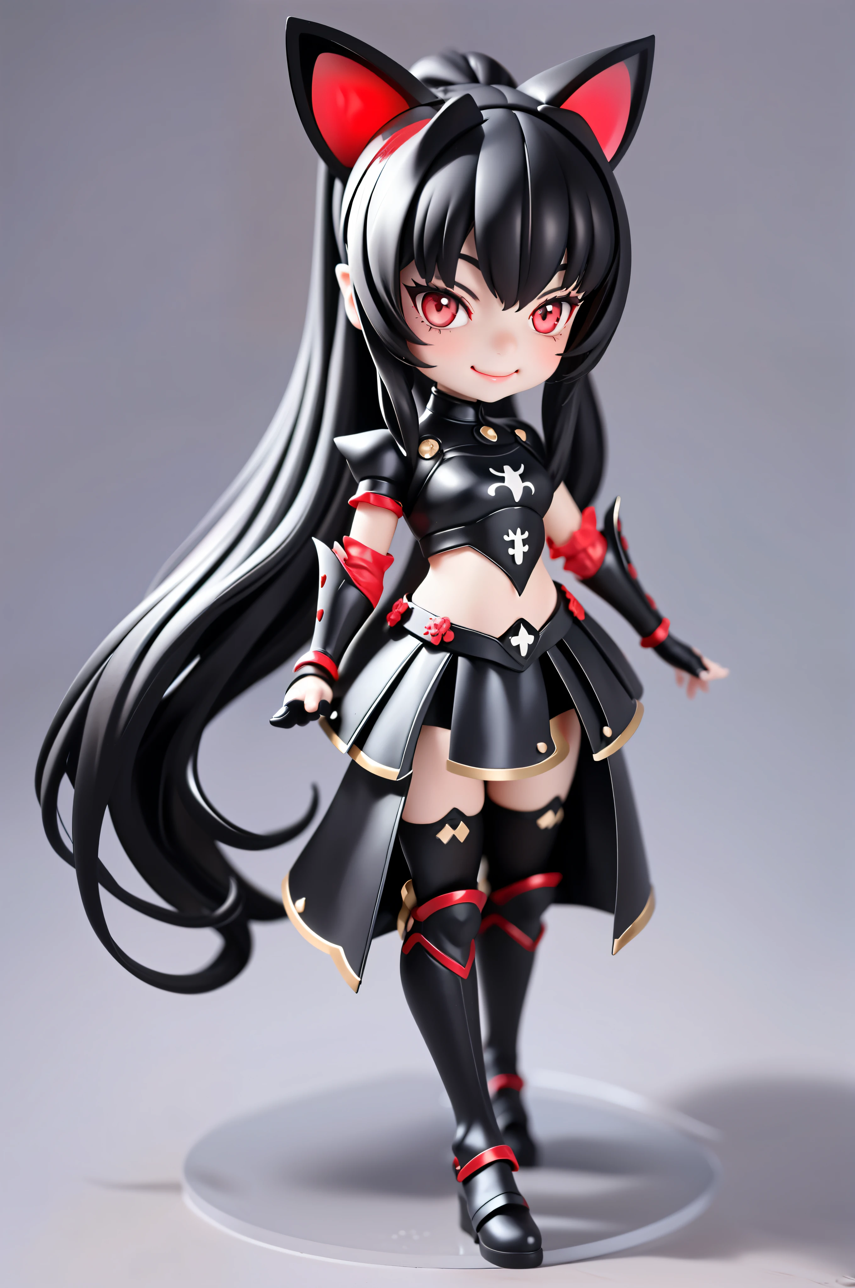 ((black hair, long single ponytail hair:1.5, black cat ears)), black knight armor, black sandals, red eyes, smile, cool pose, black and red knight armor,