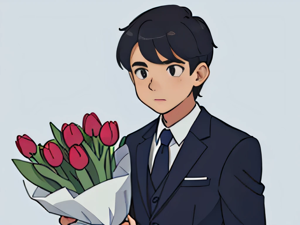 Illustration of a boy wearing a suit holding a tulips bouquet