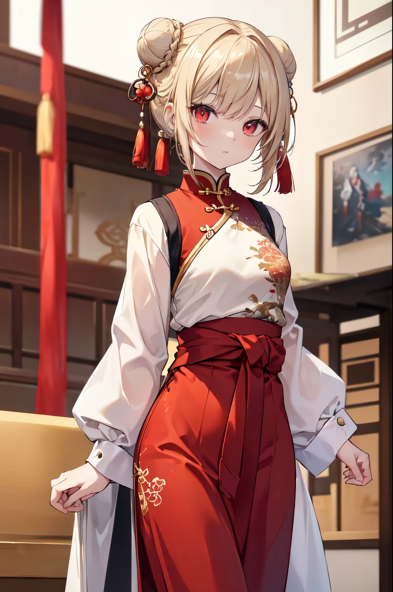 (Ultra high definition,最高masterpiece),Chinese style、beige hair、Bun、red eye、Casual style、 one person,(above the waist)、{{highest quality}}, {{masterpiece}}, {{super detailed}}, {figure}, {detailed light},Chinese styleの衣装