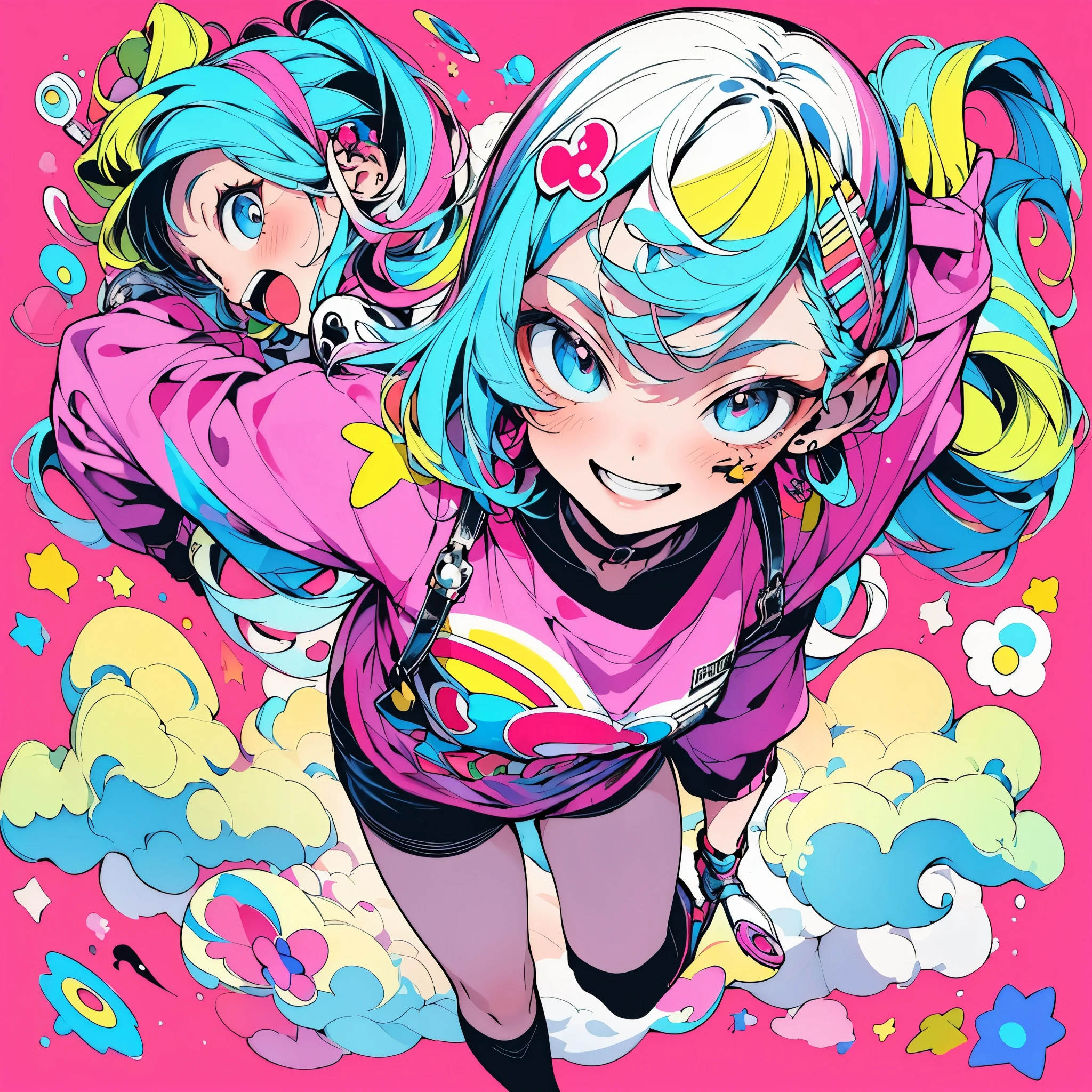 masterpiece, Top Quality, People girl,17 years old,(Cartoon style:1.4),Bright smile,Well-formed face,Dynamic pose,Cute,Pop,Full body,Colorful hair,Big eyes, (Ink design background:1.3),Colorful outfit based on white
