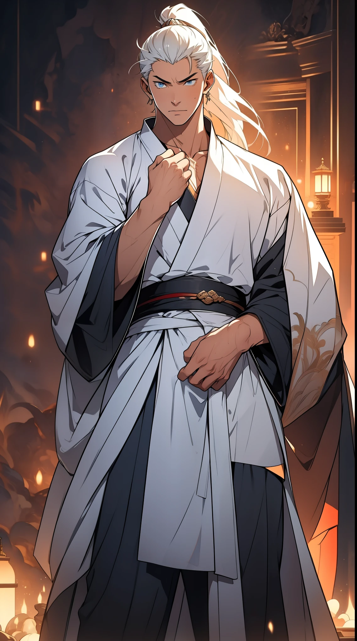 Two dimensions,anime style,one person(male warrior),proportions are correct,facial details,swordsman,high ponytail hairstyle,neck detail,Have an Adam's apple,White robe,joke,white robe,clothing details,transfer,long sleeves,Game quality,fencing,Ray tracing,Ray tracing,Detailed glow,CG rendering,hair details,long white hair,blue eyes,Handsome,Handsome,(Youthful feeling),Clothing is complicated,Perfect composition,refine,high quality,higher details,many details,Complex background,a sense of atmosphere,