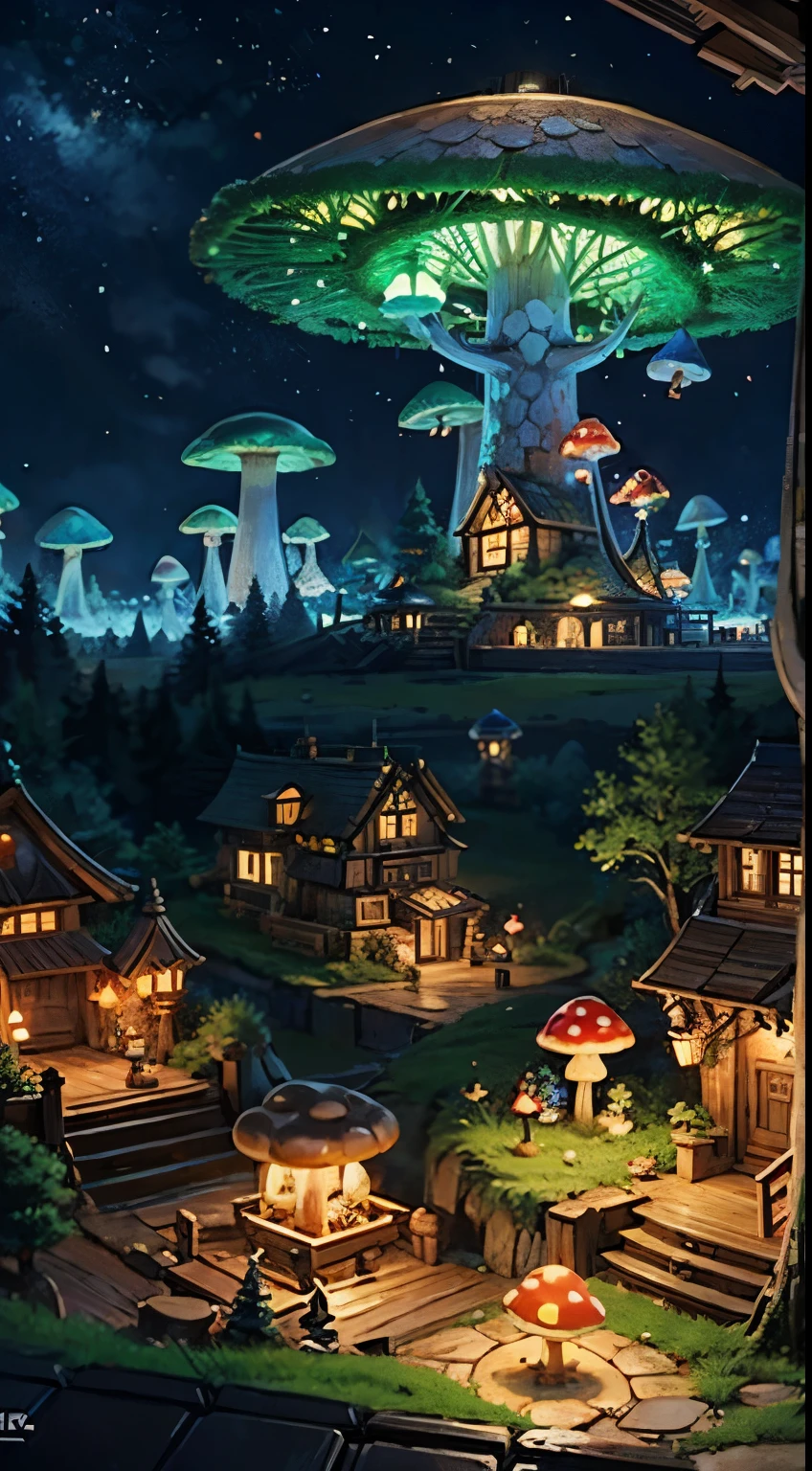 elf city, glowing mushrooms, tree houses,
