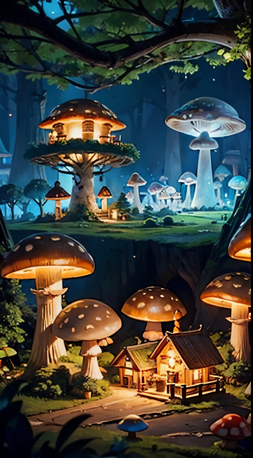 elf city, glowing mushrooms, tree houses,