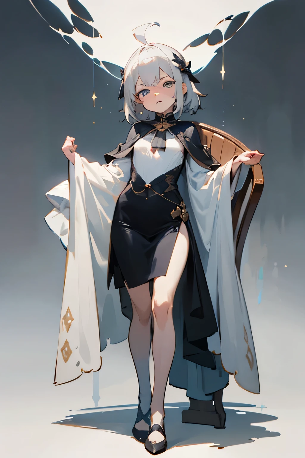 A short lolita with gray hair sits on a chair,A look of disgust. She was gorgeously dressed,Fair skin is faintly visible under the clothes. Her body proportions are perfect.