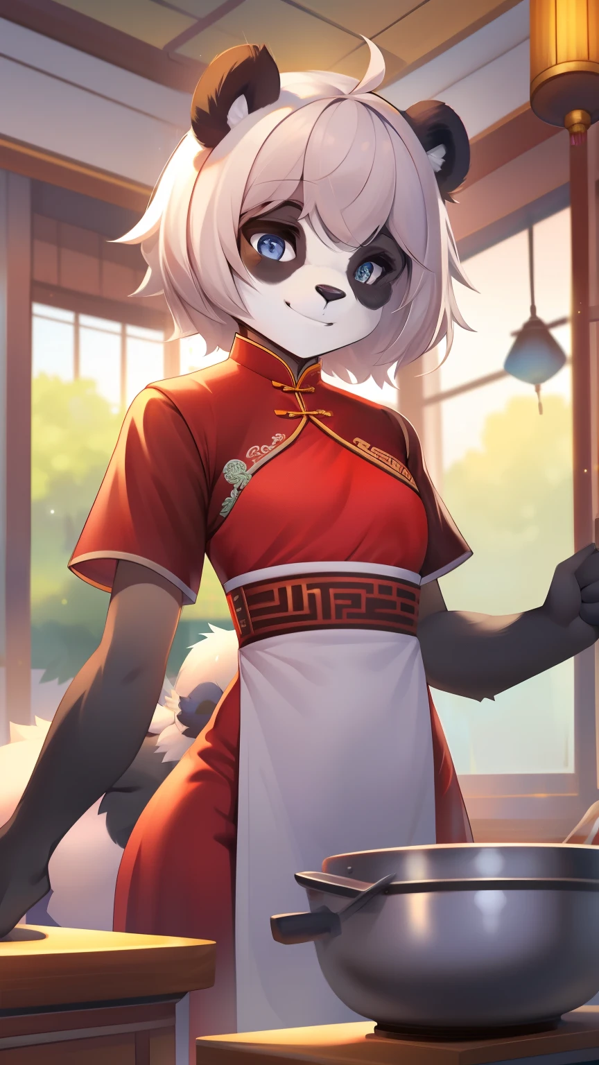 Best quality, Super detailed illustration, (1 boy:1.2), (Fluffy panda:1.4) , feminine face and body, disheveled thick hair, Chinese dress, cook, shy smile, Femboy, small waist, wide hips, Slim, perfect body, style &quot;don&#39;t worry&quot;