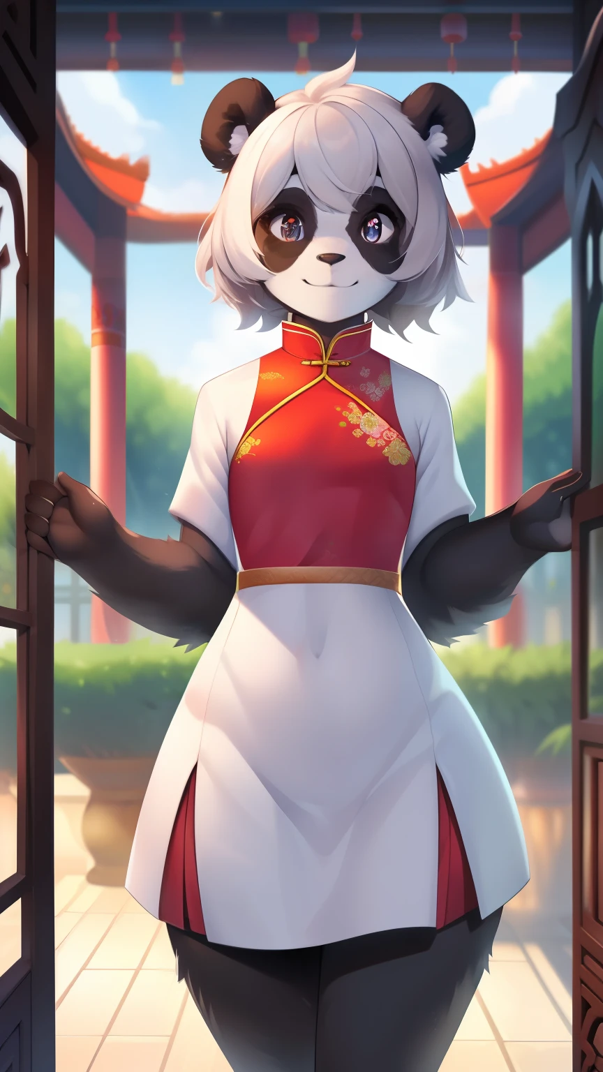 Best quality, Super detailed illustration, (1 boy:1.2), (Fluffy panda:1.4) , feminine face and body, disheveled thick hair, Chinese dress, shy smile, Femboy, small waist, wide hips, Slim, perfect body, style &quot;don&#39;t worry&quot;, 