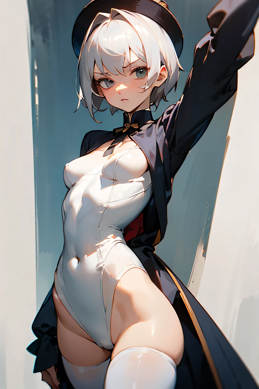 The short ta with white silk and gray hair stood up,A look of disgust. she wears beautiful body. Under clothes,White and tender skin is looming. She has perfect body proportions and short hair. Her clothes are more revealing,The breasts are also small.