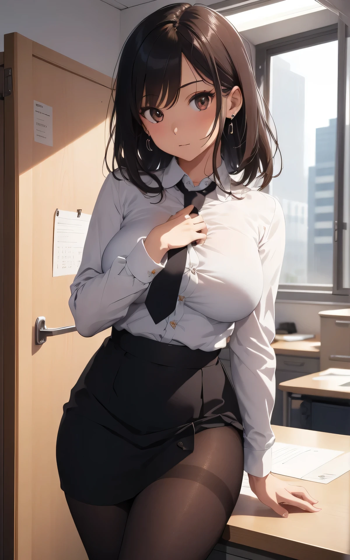 absurderes:2.0、 (best quality), (intricate detailed), (Hyperrealistic), absurd res, perspective, highly detailed, detailed background, illustration, 1girl, perfect hands, detailed fingers, beautiful detailed eyes, perfect eyes, seductive eyes, (medium chest), milf, mature woman, brown eyes, CEO, (office clothes:1.2), Tight Skirt, pantyhose, earrings, a woman in the office room, serious, straight hair