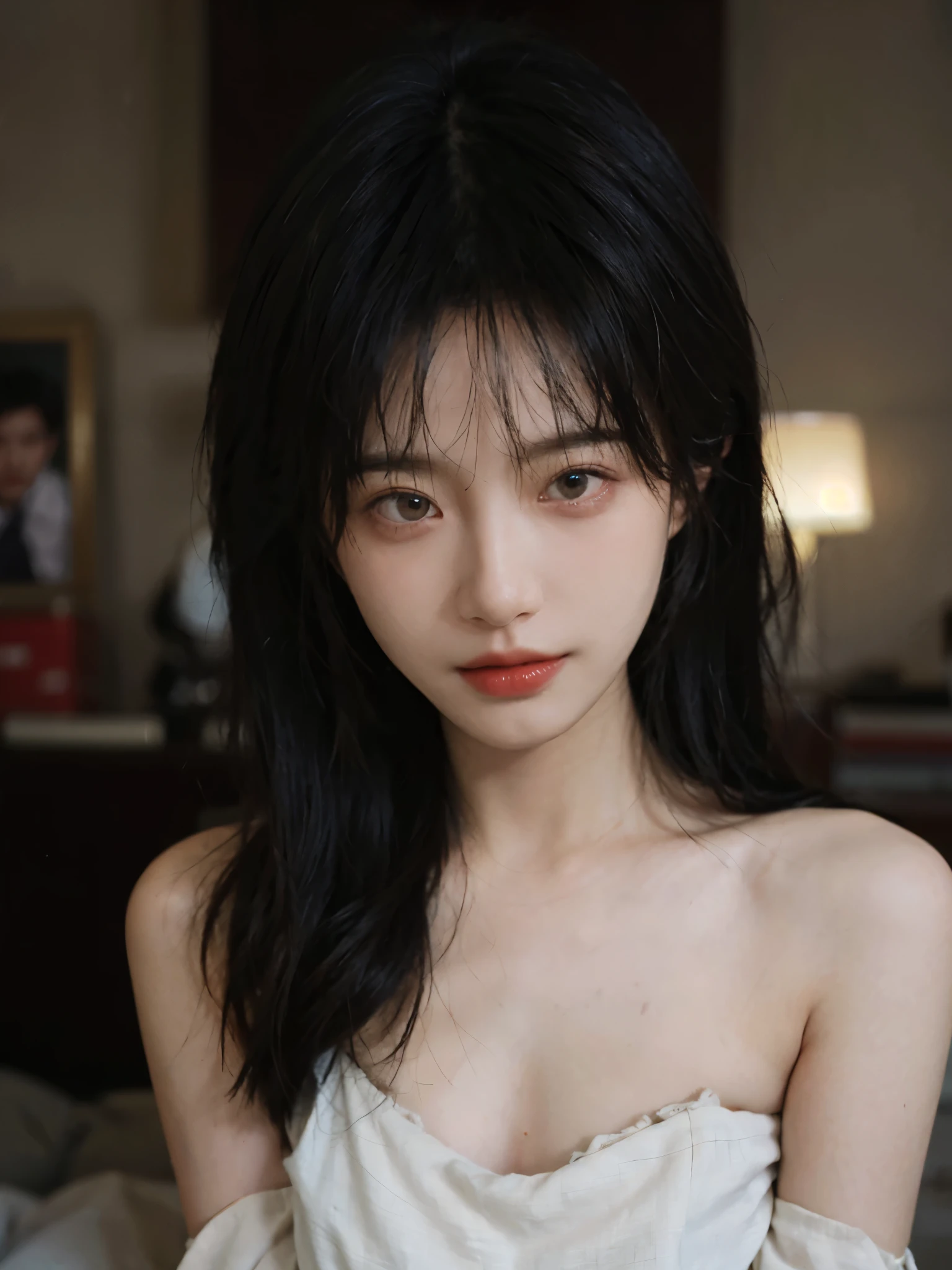 Film portrait photography, 1 girl, bare shoulders,lipstick,(flat chest:1.4), Shoulder length wavy hair, serene, calm, (Realistic and detailed eyes, natural skin texture, Realistic facial details), Soft dramatic lighting, depth of field, Bokeh, Vibrant details, detailed meticulous, hyper-realistic, 35mm film, hazy, ,