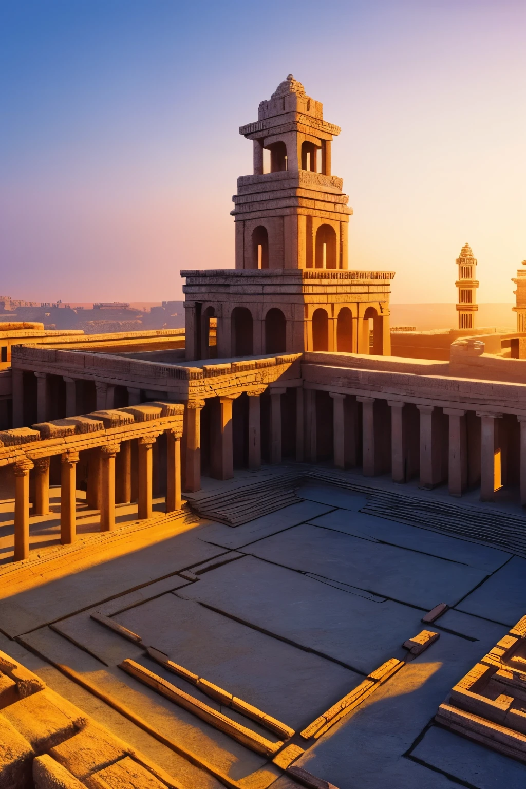 Masterpiece of an Ancient City at Sunset,
Ultra-high definition CG Unity 8k wallpaper,
Superbly detailed, intricately textured architecture,
Golden hour lighting casting long shadows,
Broad avenues and grandiose structures,
Towers reaching towards the expanding sunset sky,
Breathtaking scenery of bygone days,
Rich tapestry of history unfolding,
HDR dynamics adding depth and intensity,
True restoration of ancient city's grandeur,
No sign of modern life,
Perfectly capturing the essence of midjourney art.

Ancient City at Sunset, an artwork