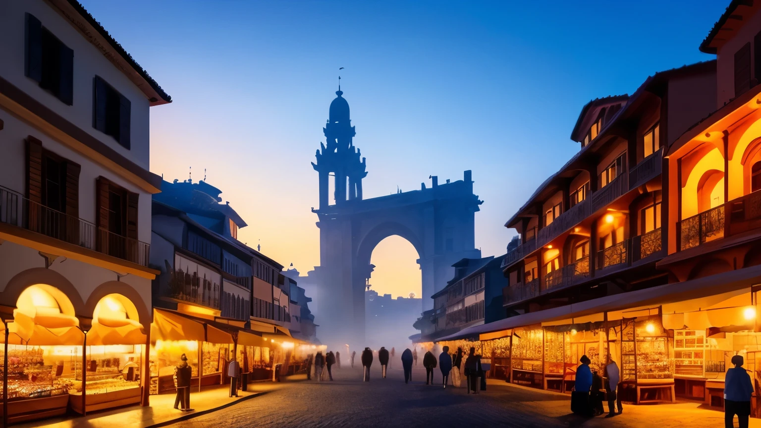 Masterpiece, ultimate quality, Cg unity 8k wallpaper, exquisite renderings, breathtaking sunset scene, ancient city backdrop, rich warm colors, intricately detailed buildings, bustling marketplaces, winding cobblestone streets, tranquil courtyards, towering spires reaching for the sky, golden hour illumination casting long shadows, hazy sunlight filtering through the archways, atmospheric fog and mist adding to the mystical ambiance, historical flags fluttering in the gentle breeze, horses and carriages r Rumbling through the streets, birds flying overhead, perfect harmony between old and new, winner of numerous art contests, immersive and captiv