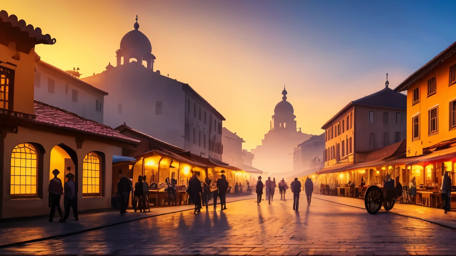 Masterpiece, ultimate quality, Cg unity 8k wallpaper, exquisite renderings, breathtaking sunset scene, ancient city backdrop, rich warm colors, intricately detailed buildings, bustling marketplaces, winding cobblestone streets, tranquil courtyards, towering spires reaching for the sky, golden hour illumination casting long shadows, hazy sunlight filtering through the archways, atmospheric fog and mist adding to the mystical ambiance, historical flags fluttering in the gentle breeze, horses and carriages r Rumbling through the streets, birds flying overhead, perfect harmony between old and new, winner of numerous art contests, immersive and captiv