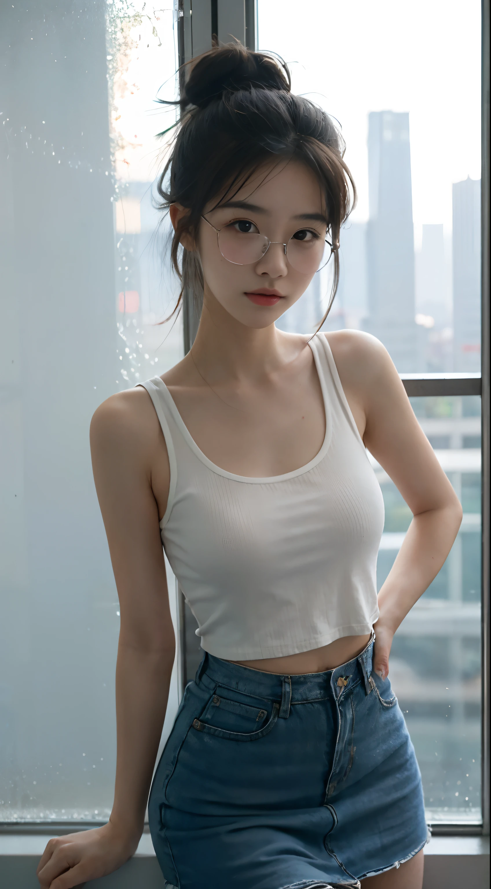 top quality,Ultra HD resolution, Chinese 18 years old. (( Messy bun)), white glasses,
Vest. skirt. excellent. mini)) cute stance. interesting. make it awesome. In front of the glass wall. morning cityscape