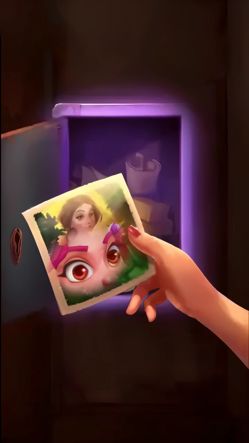 Someone is holding a picture of a girl，It has her face on it, looking at the treasure box, stylised, Domain Magic Resonance, stylized art, Lots of pictures, collectible card art, The cursed Polaroid, cursed images, giant eye magic spell, Close her eyes, Magic items shop, Use the magic tablet, The art of math #one shot game