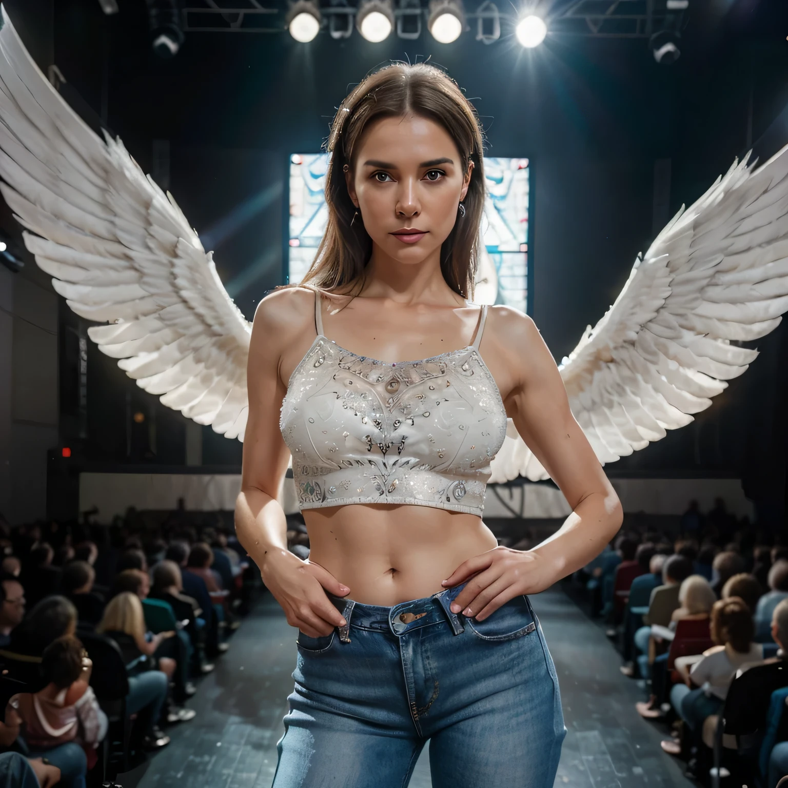 portrait of a middle aged german woman with big, white angel wings on a stage of a theater. wearing fashionable jeans and shine true top. fifty years old, cute face, slim and thin body, bokeh background, (highly detailed skin:1.0), (masterpiece:1.2) (photorealistic:1.2) (bokeh) (best quality) (intricate details) (8k) (HDR) (analog film) (canon d5) (cinematic lighting) (sharp focus),