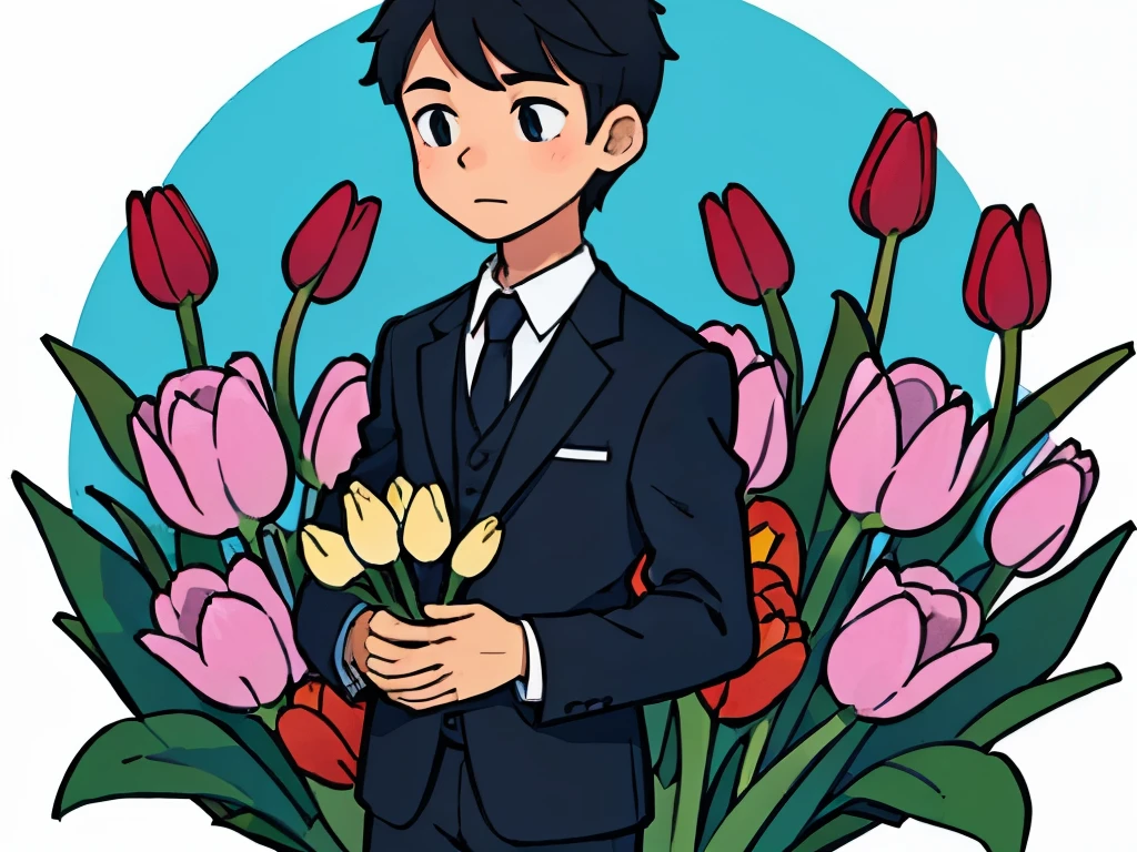 Illustration of a boy wearing a suit, holding tulip bouquet in his hands
