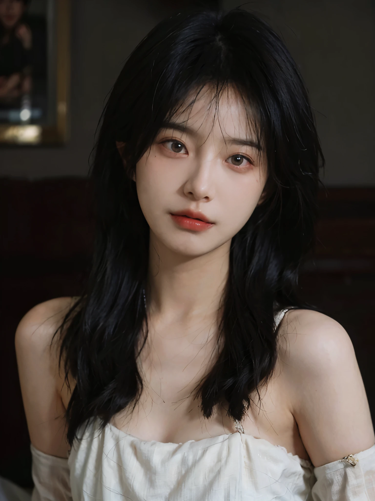 Film portrait photography, 1 girl, bare shoulders,lipstick,(flat chest:1.4), Shoulder length wavy hair, serene, calm, (Realistic and detailed eyes, natural skin texture, Realistic facial details), Soft dramatic lighting, depth of field, Bokeh, Vibrant details, detailed meticulous, hyper-realistic, 35mm film, hazy, ,