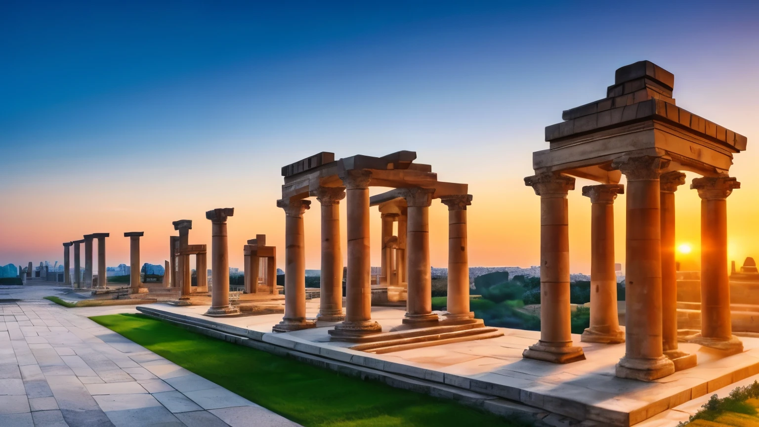 Masterpiece, ultimate quality, Cg unity 8k wallpaper, exquisite renderings, breathtaking sunset scene, ancient city backdrop, rich warm colors, intricately detailed buildings, bustling marketplaces, winding cobblestone streets, tranquil courtyards, towering spires reaching for the sky, golden hour illumination casting long shadows, hazy sunlight filtering through the archways, atmospheric fog and mist adding to the mystical ambiance, historical flags fluttering in the gentle breeze, horses and carriages r Rumbling through the streets, birds flying overhead, perfect harmony between old and new, winner of numerous art contests, immersive and captiv