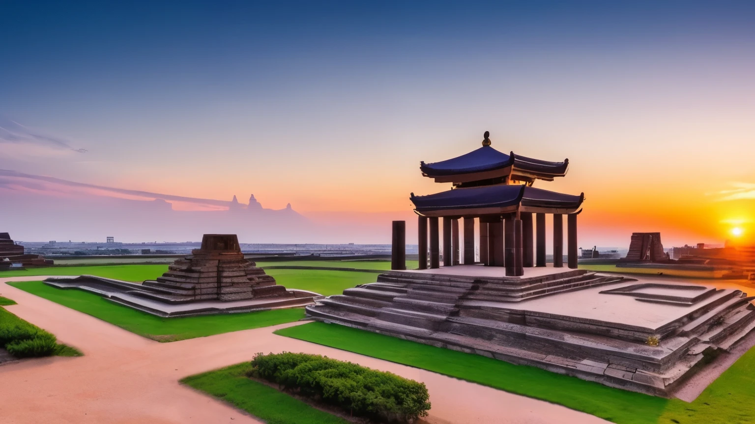 Masterpiece of an Ancient City at Sunset,
Ultra-high definition CG Unity 8k wallpaper,
Superbly detailed, intricately textured architecture,
Golden hour lighting casting long shadows,
Broad avenues and grandiose structures,
Towers reaching towards the expanding sunset sky,
Breathtaking scenery of bygone days,
Rich tapestry of history unfolding,
HDR dynamics adding depth and intensity,
True restoration of ancient city's grandeur,
No sign of modern life,
Perfectly capturing the essence of midjourney art.

Ancient City at Sunset, an artwork