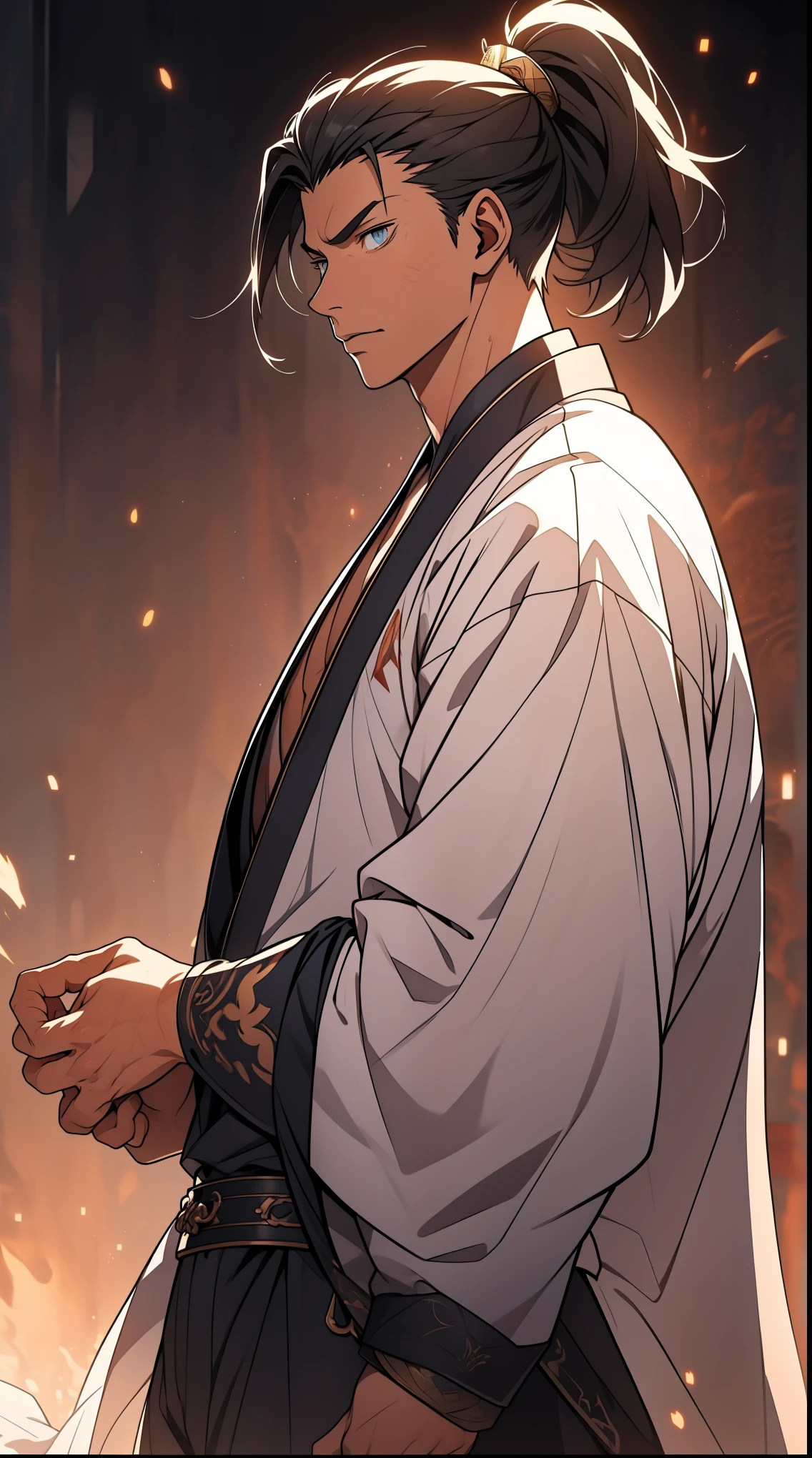 Two dimensions，anime style，one person（male warrior），proportions are correct，facial details，swordsman，high ponytail hairstyle，neck detail，Have an Adam&#39;s apple，White robe，joke，white robe，clothing details，transfer，long sleeves，Game quality，fencing，Ray tracing，Ray tracing，Detailed glow，CG rendering，hair details，long white hair，blue eyes，Handsome，Handsome，（Youthful feeling），Clothing is complicated，Perfect composition，refine，high quality，higher details，many details，Complex background，a sense of atmosphere，