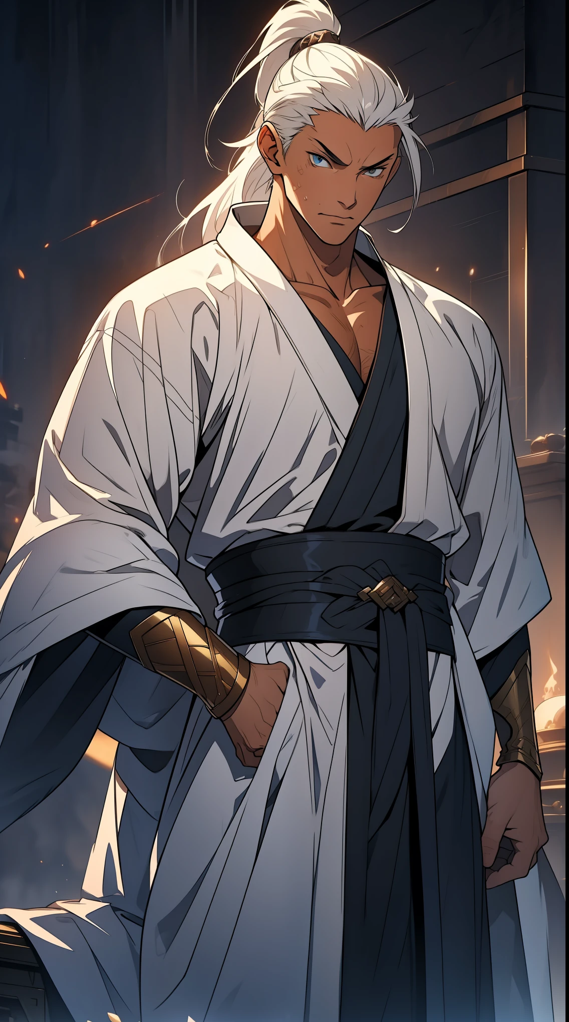 Two dimensions,anime style,one person(male warrior),proportions are correct,facial details,swordsman,high ponytail hairstyle,neck detail,Have an Adam's apple,White robe,joke,white robe,clothing details,transfer,long sleeves,Game quality,fencing,Ray tracing,Ray tracing,Detailed glow,CG rendering,hair details,long white hair,blue eyes,Handsome,Handsome,(Youthful feeling),Clothing is complicated,Perfect composition,refine,high quality,higher details,many details,Complex background,a sense of atmosphere,