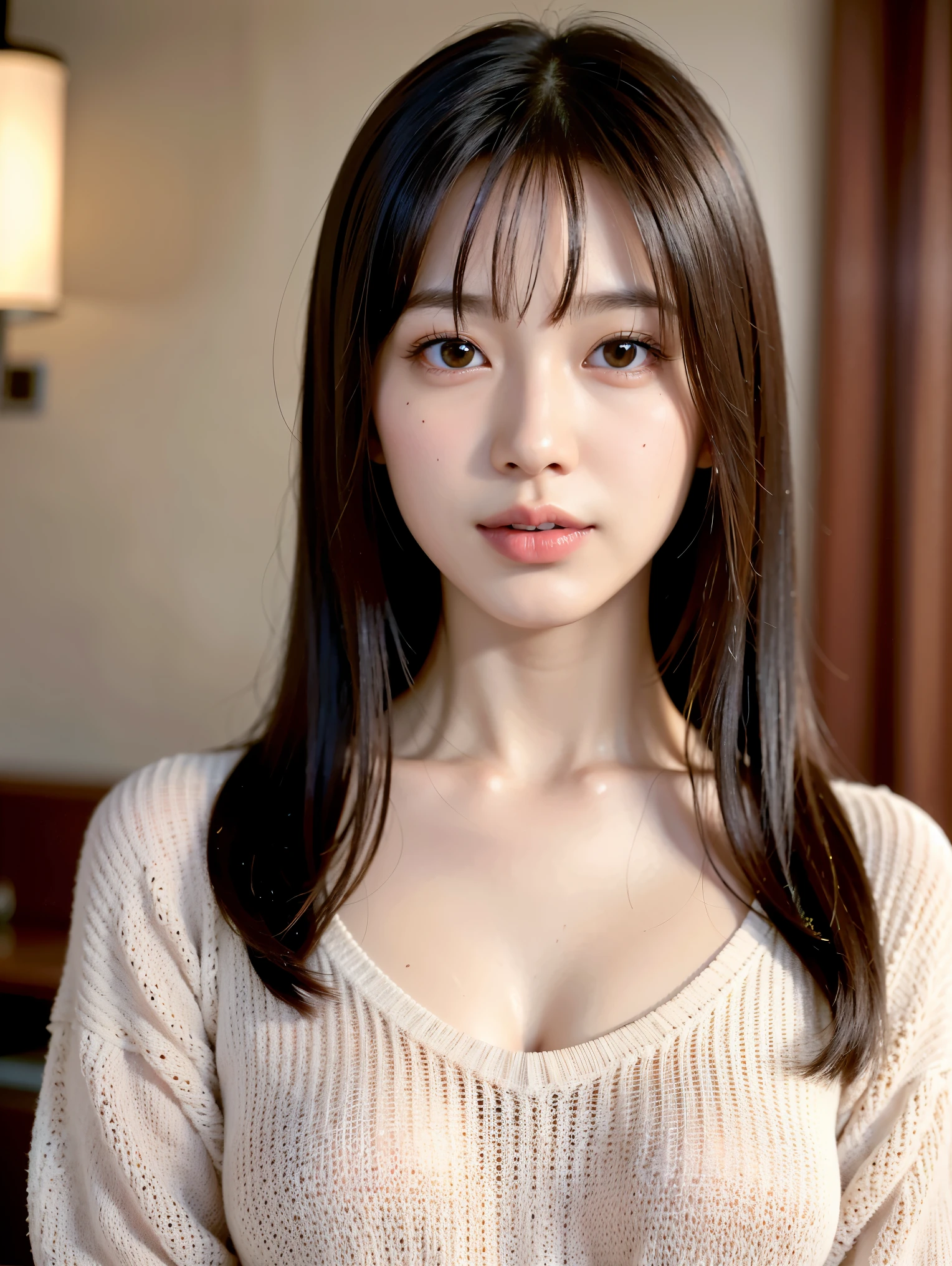 highest quality, face focus, soft light, ultra high resolution, (realistic:1.4), RAW photo,
1 Japanese girl, alone, cute, (pupil, There's a light in my eyes), detailed beautiful face, (),(High resolution details of human skin texture),
(long hair),
indoor,
Damask Shirt Dress,
(portrait) 高精細にpupilにフォーカス smile See-through bang elegant half neck knit sweater Old Coffee Shop The background is the protagonist wide and deep background Old Coffee Shopがテーマです thin eyebrows beautiful breasts very cute Beautiful fair skin beautiful hair (Very beautiful straight bob hair:1.3) see-through bangs Sink bangs