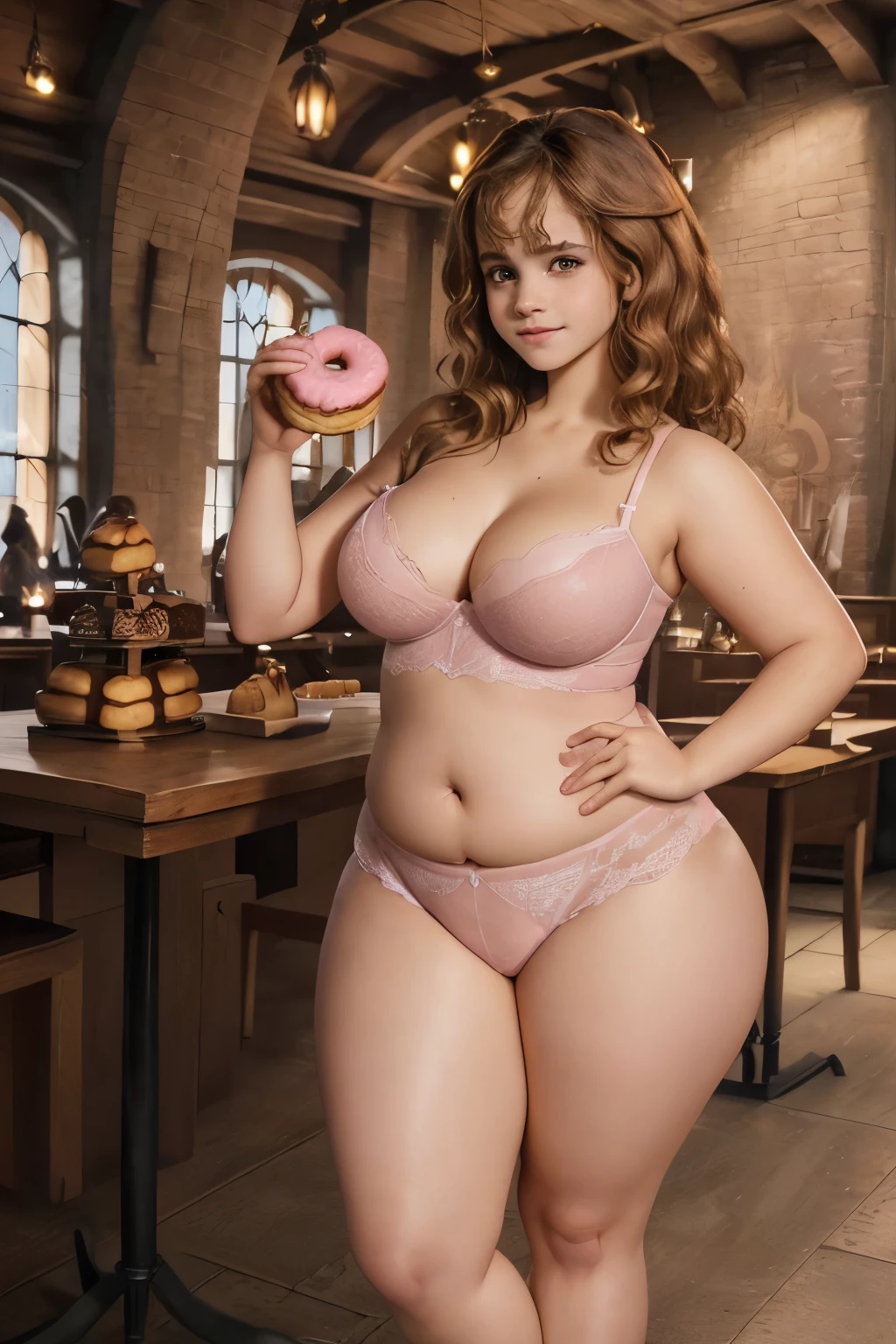 (((masterpiece))), (((photorealistic))), ((8k wallpaper)), (best quality), (one image), (((perfect quality))), (((solo))), (detailed eyes), girl, (((Ermione))), (((Hermione))), (((adult))), very beautiful, pose: (sexy pose, eating donut, shy pose, standing), face : ((young), ((eating donut)), (18 years old), ((most beautiful)), (makeup), ((perfect face)), ((small smile)), ((adult)), thin face, detailed face, (simmetric face), ((very beautiful face))) , figure: ( (very full body), (very full figure), ((huge breasts)), ((very curvy)), (very thicc), ((rubenesque)), (very thick), ((wide waist)), ((very chubby)), ((chubby belly)), (big deep navel), very soft, ((very curvy)), ((love handles)), wide hips, ((sexy curves)), sexy, ((muffin top)), fat ass, very thick thighs, thunder thighs) , clothes : ((tight pink lingerie))