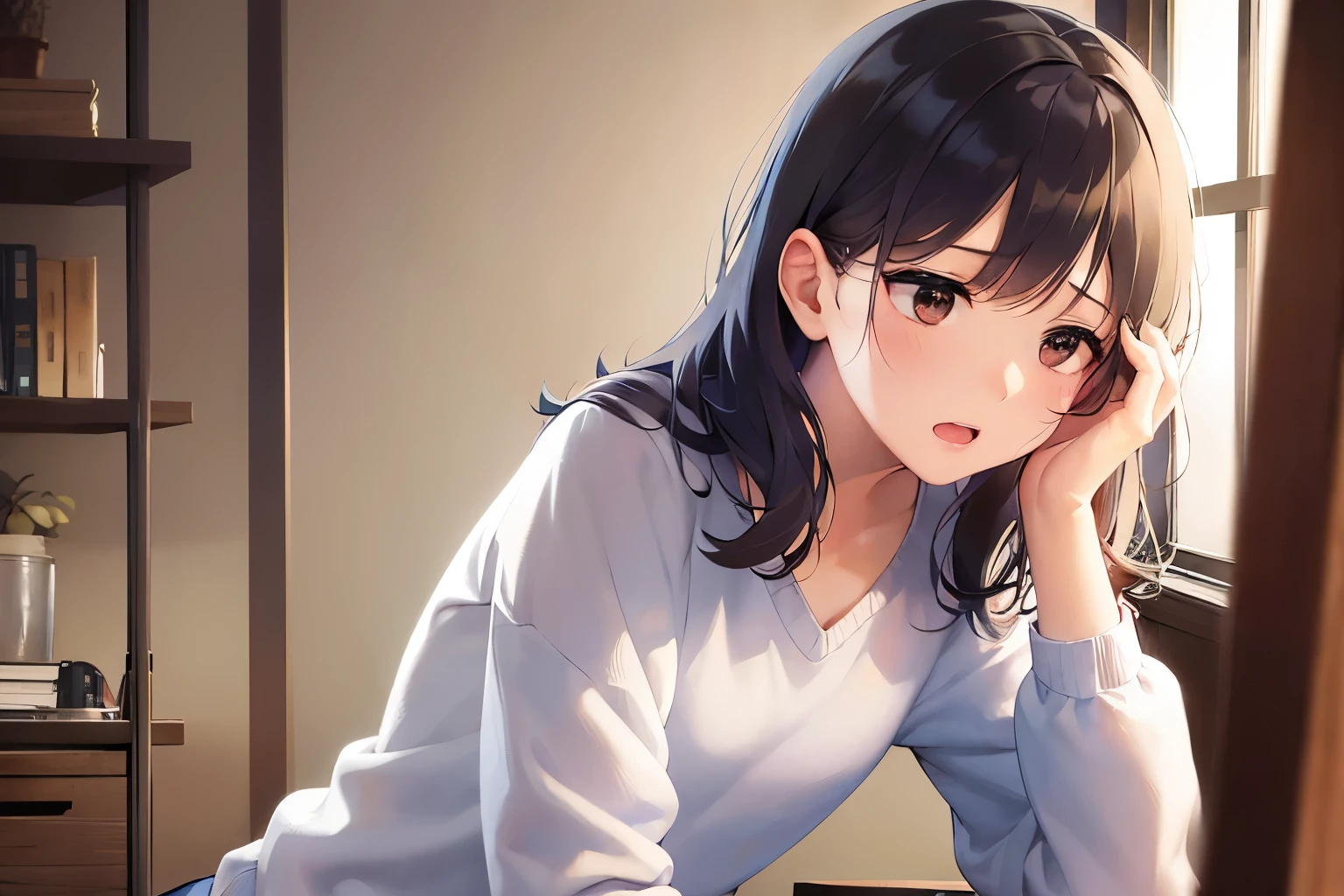 Placing hand on face, side angle, (looking away:1.5), (slim body:1.5), (small breasts:1.5), Realistic, real person, RAW photo, photorealistic, portrait photography, shiny skin, japanese idol, 前髪のある25歳の女性、long Sleeve white sweat shirt、(messy hair:1.3), (medium hair) and (brown hair) and (brown eyes), (sad:1.2)、open mouth, 背景はリビング、一人きり、jitome