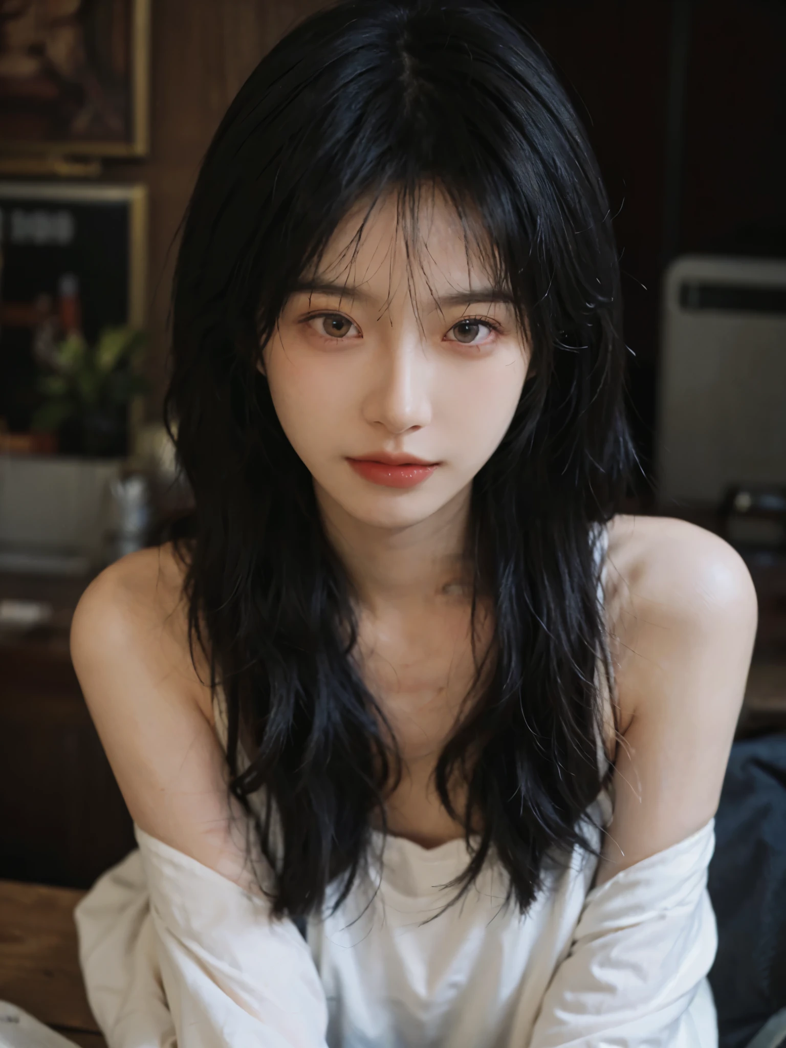 Film portrait photography, 1 girl, bare shoulders,lipstick,(flat chest:1.4), Shoulder length wavy hair, serene, calm, (Realistic and detailed eyes, natural skin texture, Realistic facial details), Soft dramatic lighting, depth of field, Bokeh, Vibrant details, detailed meticulous, hyper-realistic, 35mm film, hazy, ,