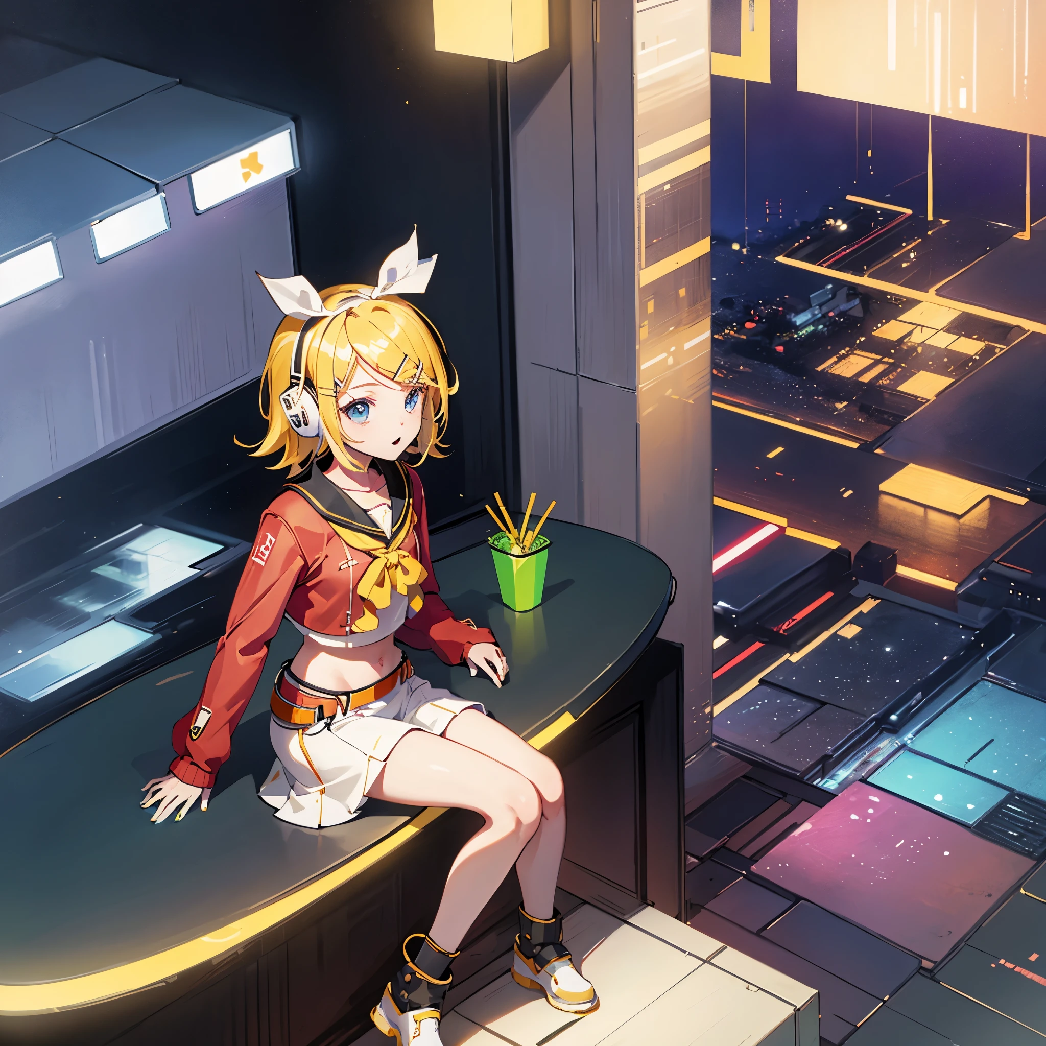 Kagamine rin , wearing red sweater , wearing a white miniskirt with gold horizontal lines , Using headphones , viendo al espectador.