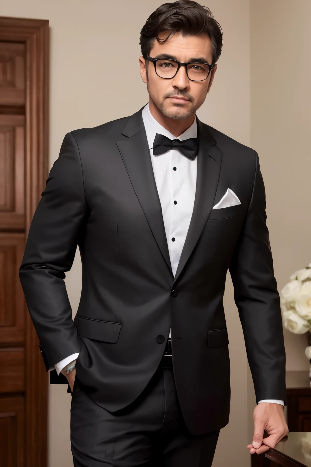 A handsome man aged 40 stands before a solid, masterpiece background. Dressed in a black suit that hugs his athletic frame, he exudes an air of distinguished gentility. With a neat perm haircut that complements his black hair, he dons a pair of glasses that add an intellectual touch to his appearance. This high-quality, realistic image showcases the man's sharp features and charisma, captured in perfect detail with an ultra-high resolution and a photorealistic finish. (realistic: 1.4)