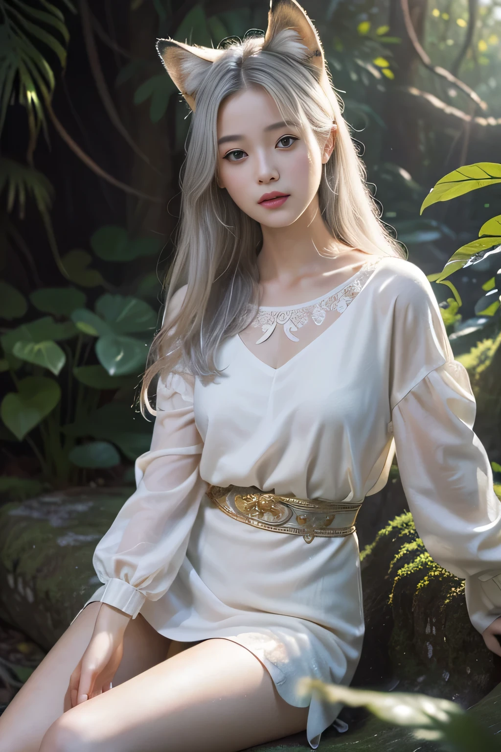 (((best image quality、highest quality、Super high quality 1.5、Super high quality 1.5、32K、pieces fly、RAW photo、very clear image、very clear image quality、Photoreal 1.3、Super detailed 1.2, small details, High resolution, Perfect dynamic structure, masterpiece, surreal,Highly detailed CG unity 32k wallpaper,realistic pictures、real human being、super detailed face、T Masterpiece，)))、（best illustrations），（Best Movies），1 A white-haired girl in a fox pose，Close-up of beautiful woman with gray hair and white mask，beautiful character drawings，Gviz，Gviz-style artwork，white haired god，Written by Jean Jay，Magnificent and beautiful character art，great character art，Fan Qi，Wu Jun Sifan，Gouvitz on the pixiv art station，Glowing Sprites，森をテーマにしたnatureの要素。Mysterious Forest，beautiful forest，nature，surrounded by flowers，Fireflies surround the delicate leaves and branches（natureの要素），（Jungle theme），（autumn leaves），（tree branch），（glow worm），（particle effects）， octane rendering，ray tracing，very careful、fox ears、(((sit、spread your legs 1.4)))