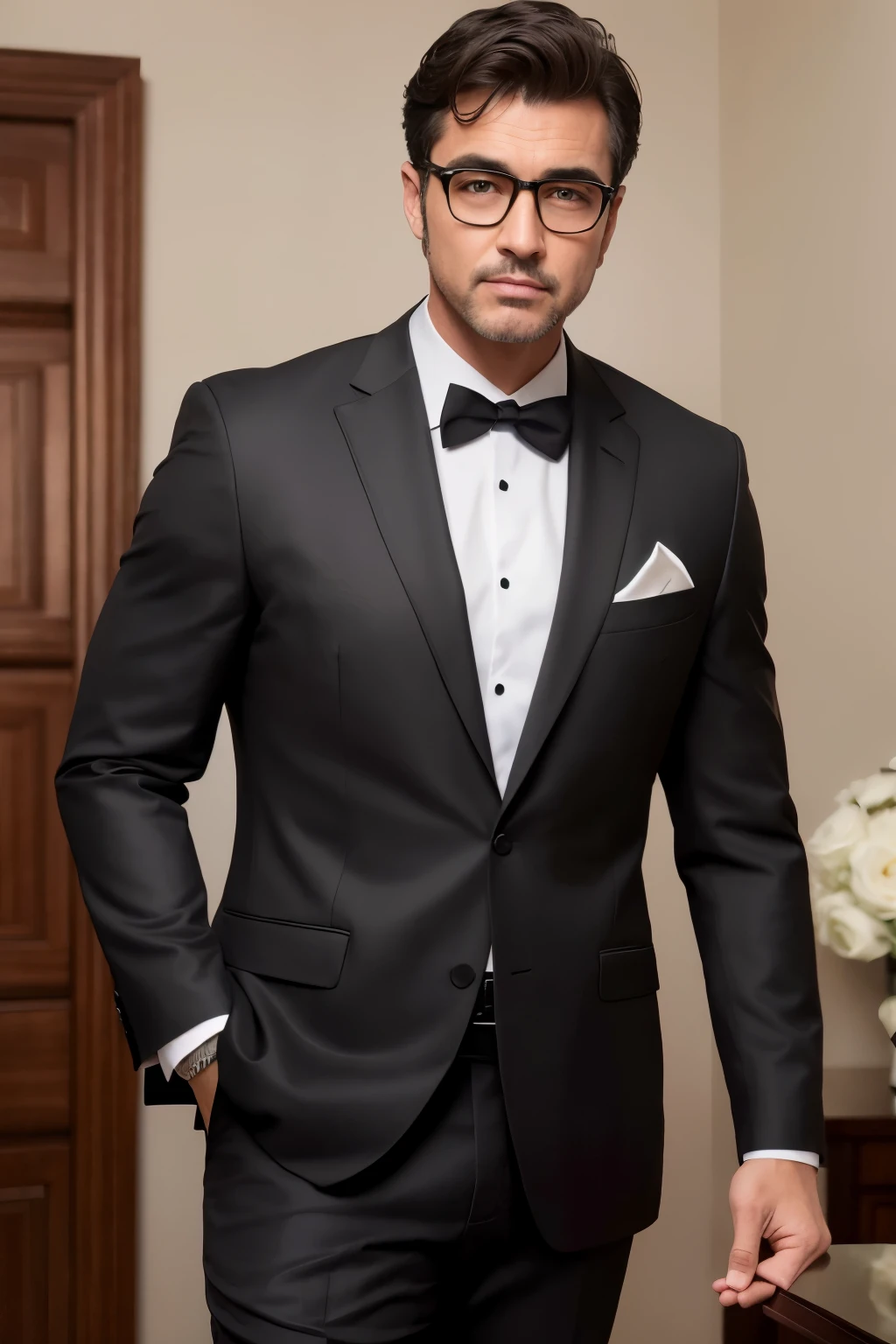 A handsome man aged 40 stands before a solid, masterpiece background. Dressed in a black suit that hugs his athletic frame, he exudes an air of distinguished gentility. With a neat perm haircut that complements his black hair, he dons a pair of glasses that add an intellectual touch to his appearance. This high-quality, realistic image showcases the man's sharp features and charisma, captured in perfect detail with an ultra-high resolution and a photorealistic finish. (realistic: 1.4)