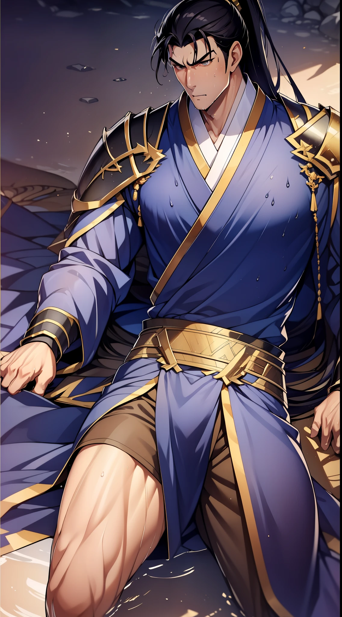 Two-dimensional, anime style, man (male warrior), muscle, correct proportions, face details, martial arts, high ponytail hairstyle, sweating, sweaty face, drooling, neck details, with Adam's apple, wet, wet, Hanfu costume, long robe, embroidered robe, dragon robe, clothing details, collar, long sleeves, game quality, swordsman demeanor, light and shadow tracing, ray tracing, detail glow, CG rendering, hair details, long black hair, golden eyes, sweaty face, handsome, handsome, sweat beads slipping down the neck, (juvenile feeling), complex clothing, wet, wet, perfect composition, refinement, high quality, more details, a lot of details, complex background, atmosphere,