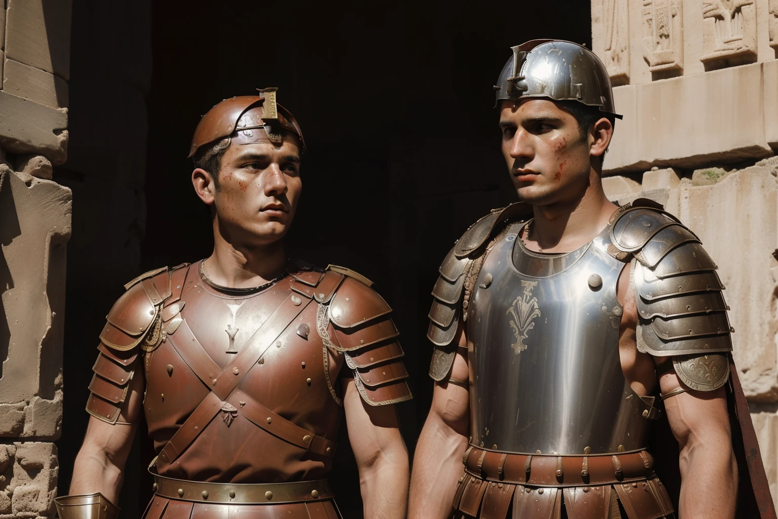 Mitilene, 77 BC. A young ((((21-year-old)) Julius Caesar)), with ((Titus Labienus)), war, battle, fighting, inside the city walls, stained with blood, blood in his face. ((((roman legionary clothings and armor from the 1st century BC))))