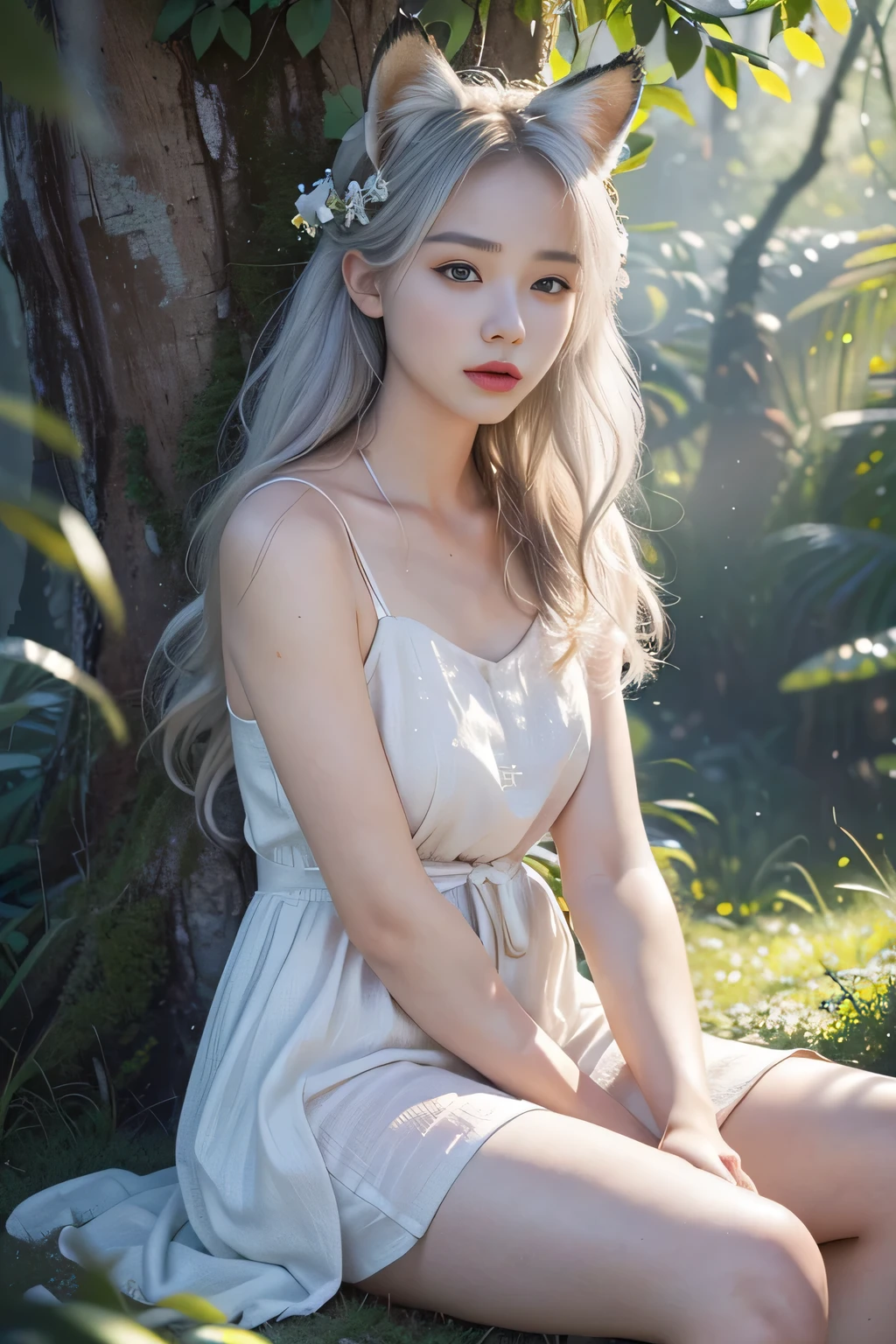 Rose from black pink, (full body), "({{1girl:1.1}} {{straight black hair:1.2}}), (artistic + masterpiece:1.4), (incredibly detailed eyes), wearing medieval long cotton nightie clothes)", Drenched hair，The background is a forest, sunset，Lazy expression, Masterpiece: 1.3), (8k, Photorealistic, Photo RAW, Best quality: 1.4), (Ultra high realism), (Ultra high definition), (Ultra high detail), (Increase contrast), (Increase saturation), Beautiful face, (Realistic face), Beautiful hairstyle, Realistic bright amber eyes, Beautiful details, (Realistic skin), Pale, smooth and luminous skin with iridescent shine and no imperfections, Ultra high definition, Ultra realistic, Highly detailed, (Cleavage: 0.8), sitting on a rock, feet in the water, (masterpiece, best quality, award winning, highres), skinny, intricate and beautiful design, highly detailed beautiful face, super detailed beautiful eyes, light smile, sitting near stream, forest, leaves flow, windy, sun lights through forest, fantasy art, dynamic lighting, cinematic lighting, extremely CG detail, octane render, (natural skin texture, soft light, sharp:1.2)