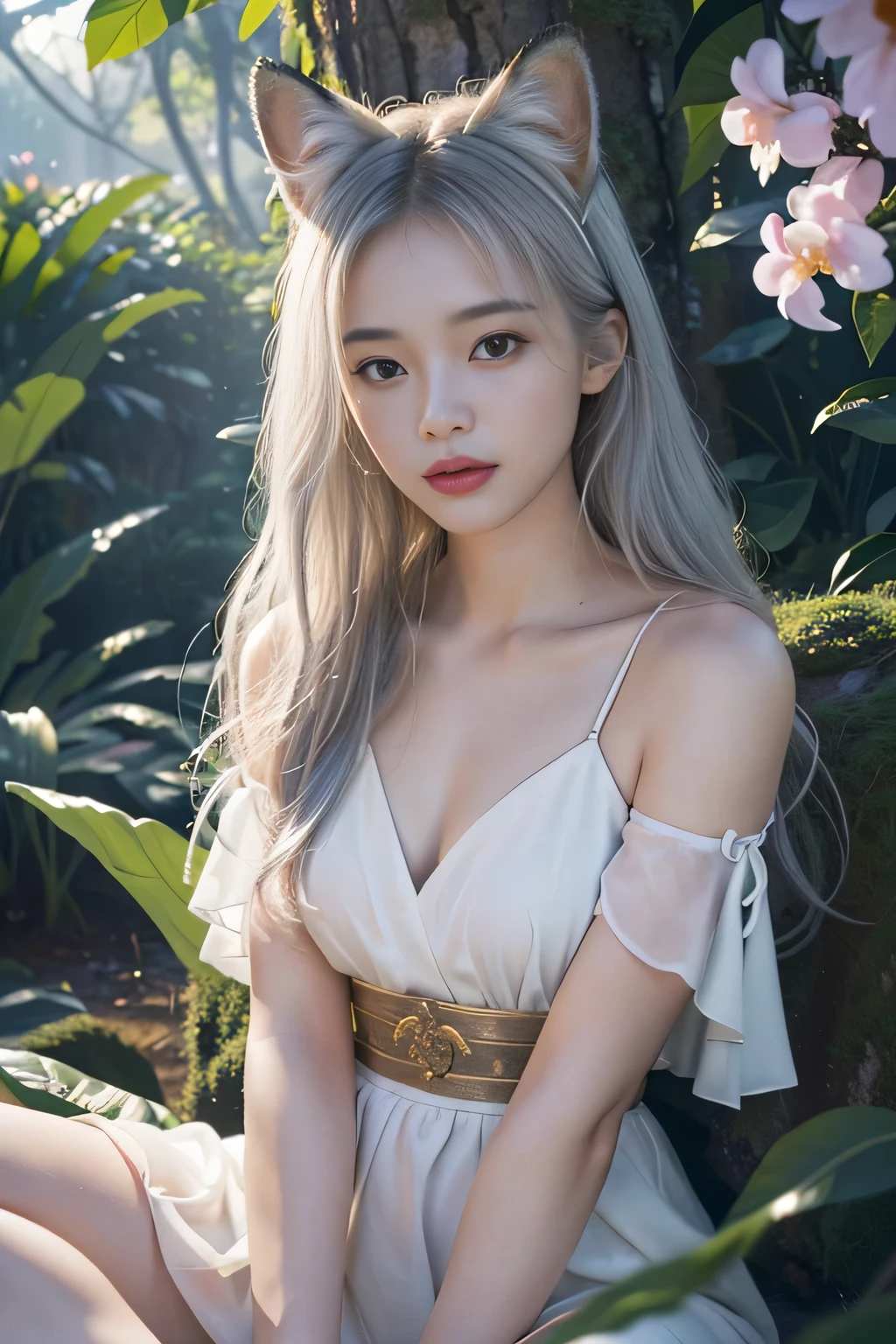 (((best image quality、highest quality、Super high quality 1.5、Super high quality 1.5、32K、pieces fly、RAW photo、very clear image、very clear image quality、Photoreal 1.3、Super detailed 1.2, small details, High resolution, Perfect dynamic structure, masterpiece, surreal,Highly detailed CG unity 32k wallpaper,realistic pictures、real human being、super detailed face、T Masterpiece,)))、(best illustrations),(Best Movies),1 A white-haired girl in a fox pose,Close-up of beautiful woman with gray hair and white mask,beautiful character drawings,Gviz,Gviz-style artwork,white haired god,Written by Jean Jay,Magnificent and beautiful character art,great character art,Fan Qi,Wu Jun Sifan,Gouvitz on the pixiv art station,Glowing Sprites,森をテーマにしたnatureの要素。Mysterious Forest,beautiful forest,nature,surrounded by flowers,Fireflies surround the delicate leaves and branches(natureの要素),(Jungle theme),(autumn leaves),(tree branch),(glow worm),(particle effects), octane rendering,ray tracing,very careful、fox ears、(((sit、spread your legs 1.4)))