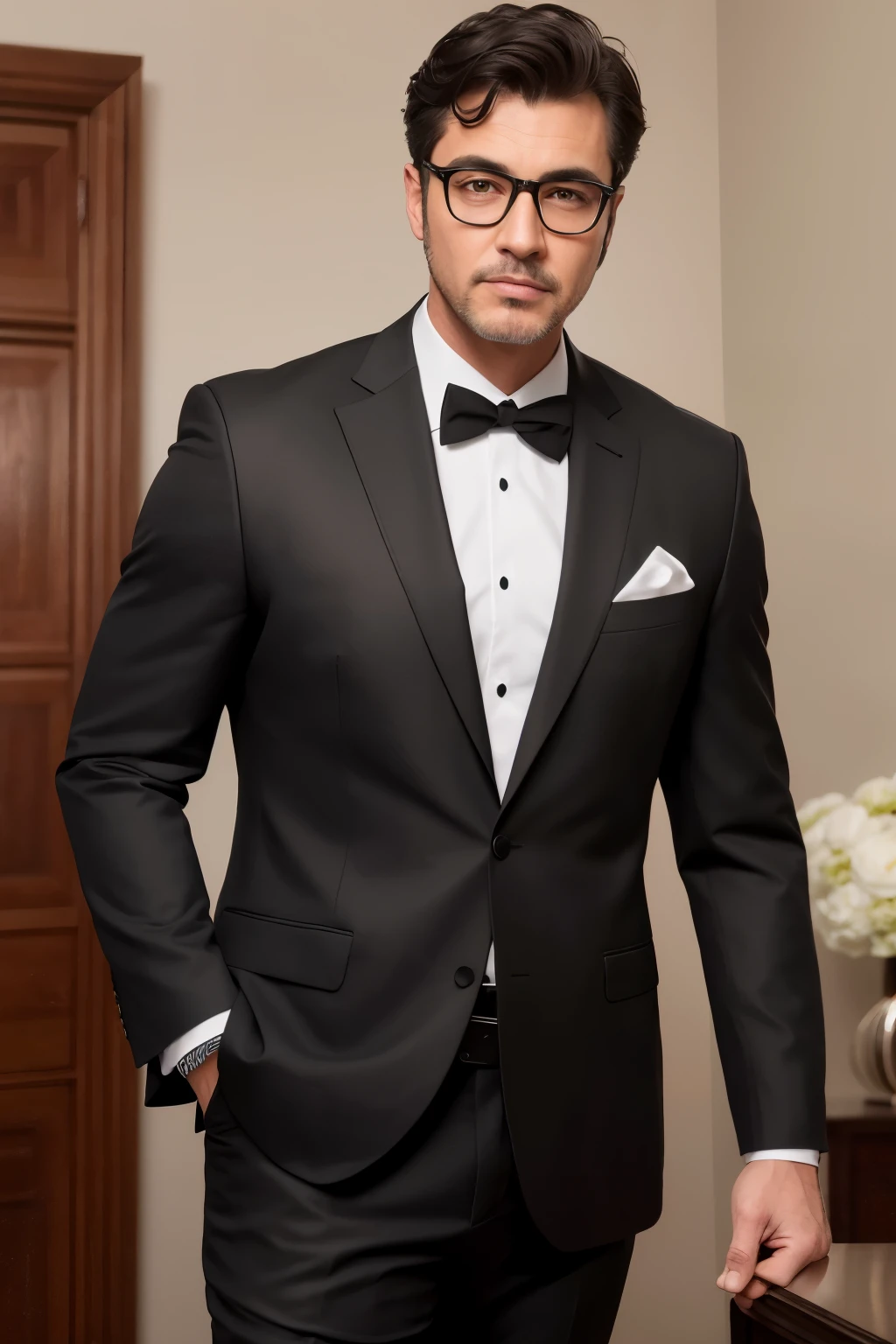 A handsome man aged 40 stands before a solid, masterpiece background. Dressed in a black suit that hugs his athletic frame, he exudes an air of distinguished gentility. With a neat perm haircut that complements his black hair, he dons a pair of glasses that add an intellectual touch to his appearance. This high-quality, realistic image showcases the man's sharp features and charisma, captured in perfect detail with an ultra-high resolution and a photorealistic finish. (realistic: 1.4)