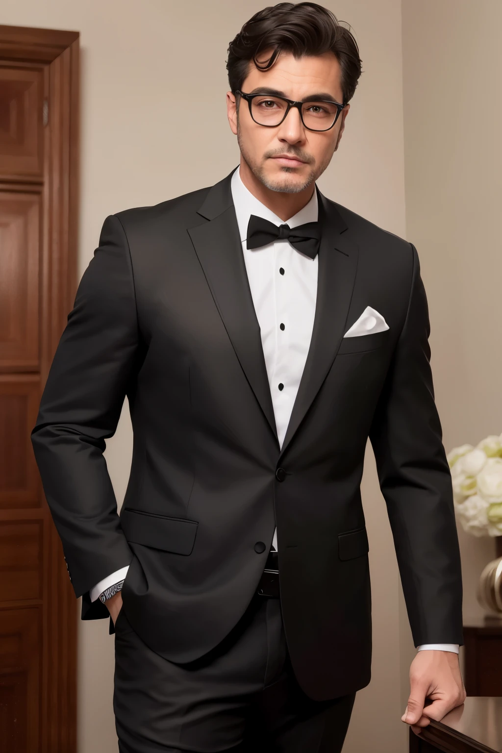 A handsome man aged 40 stands before a solid, masterpiece background. Dressed in a black suit that hugs his athletic frame, he exudes an air of distinguished gentility. With a neat perm haircut that complements his black hair, he dons a pair of glasses that add an intellectual touch to his appearance. This high-quality, realistic image showcases the man's sharp features and charisma, captured in perfect detail with an ultra-high resolution and a photorealistic finish. (realistic: 1.4)