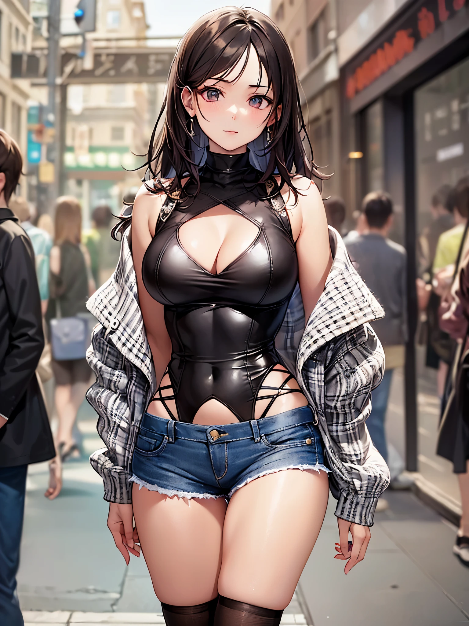 ((highest quality)),(ultra high resolution),(Super detailed),(detailed description),((best CG)),(best work of art),super precision art,great drawing art,(Fashion art with precise details:1.5), (1 woman:1.7),(beautiful and well-shaped face:1.5),((casual fashion:1.6)),glamorous body:1.7,