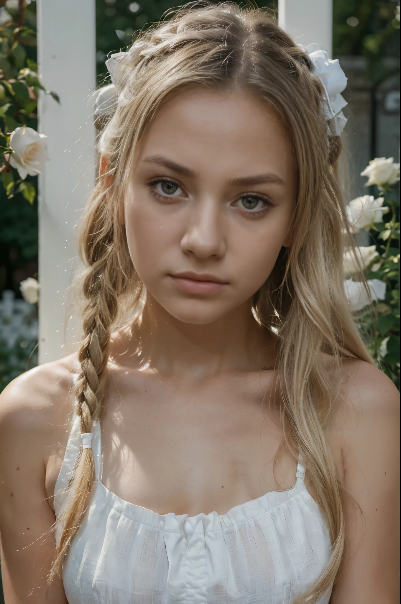 (best quality,8k,ultra-detailed,masterpiece:1.2),beautiful and aesthetic,hyperrealism,photography, Beautiful girl, teenager, Grey eyes, long blonde ponytails, sad expression, garden Of White roses, Soft light,
