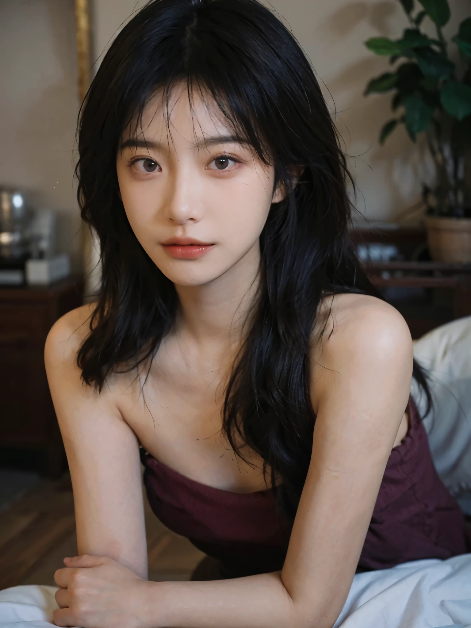 Film portrait photography, 1 girl, bare shoulders,lipstick，（flat chest：1.4）， Shoulder length wavy hair, serene, calm, (Realistic and detailed eyes, natural skin texture, Realistic facial details), Soft dramatic lighting, depth of field, Bokeh, Vibrant details, detailed meticulous, hyper-realistic, 35mm film, hazy, ,